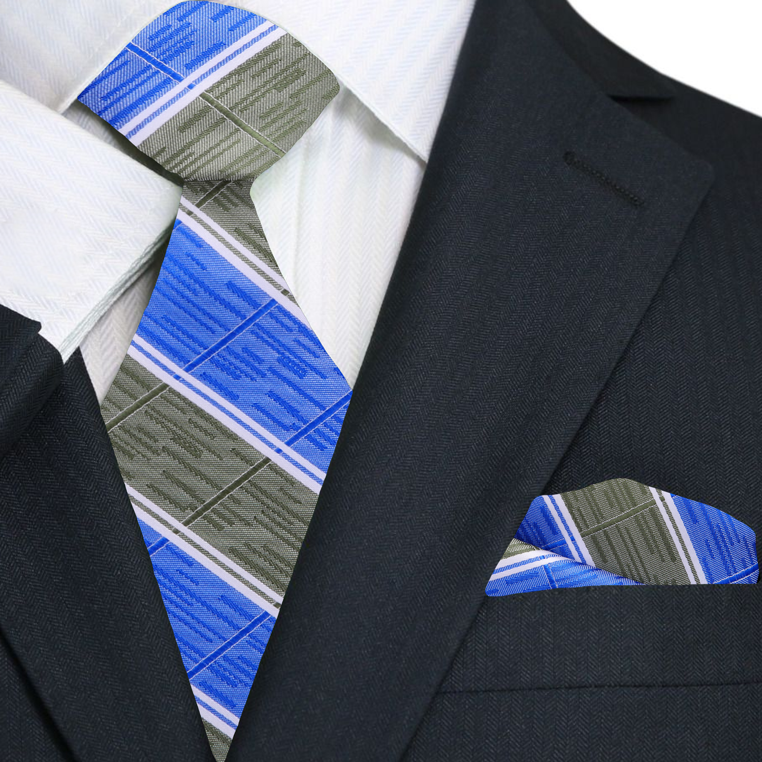 Stone Green, Blue Stripe Tie and Pocket Square