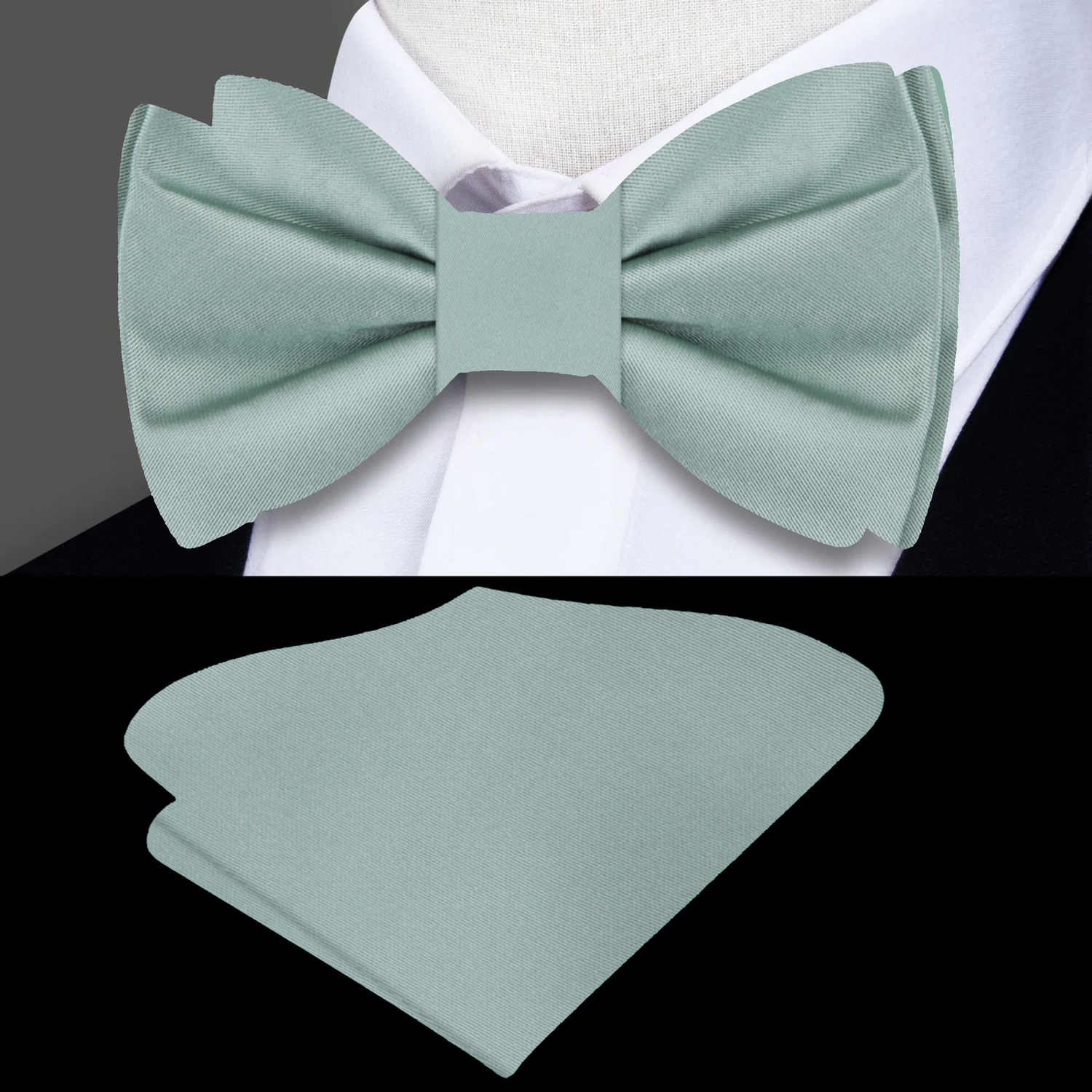 Main View; Stone Pistachio Green Bow Tie and Pocket Square