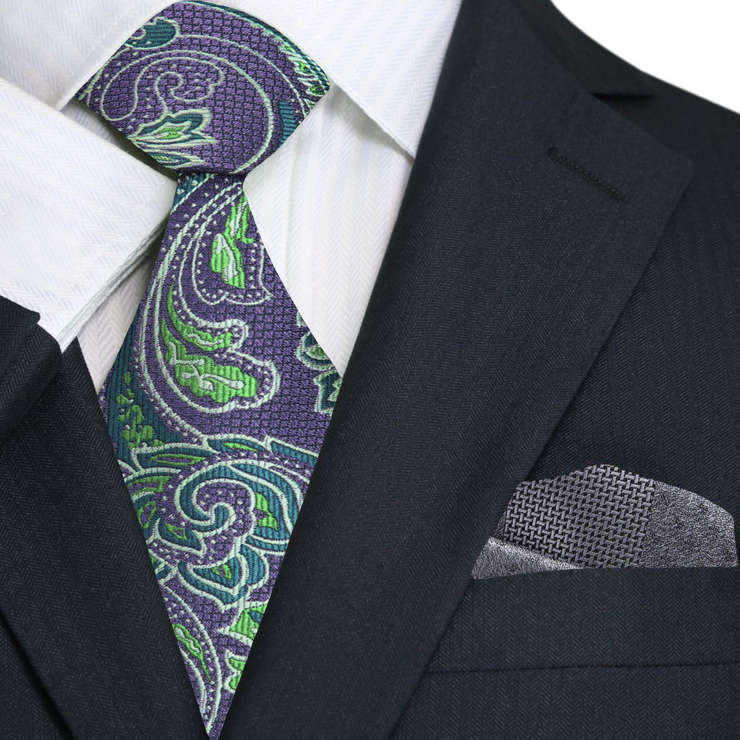 Stone Purple and Green Paisley Necktie and Grey Square