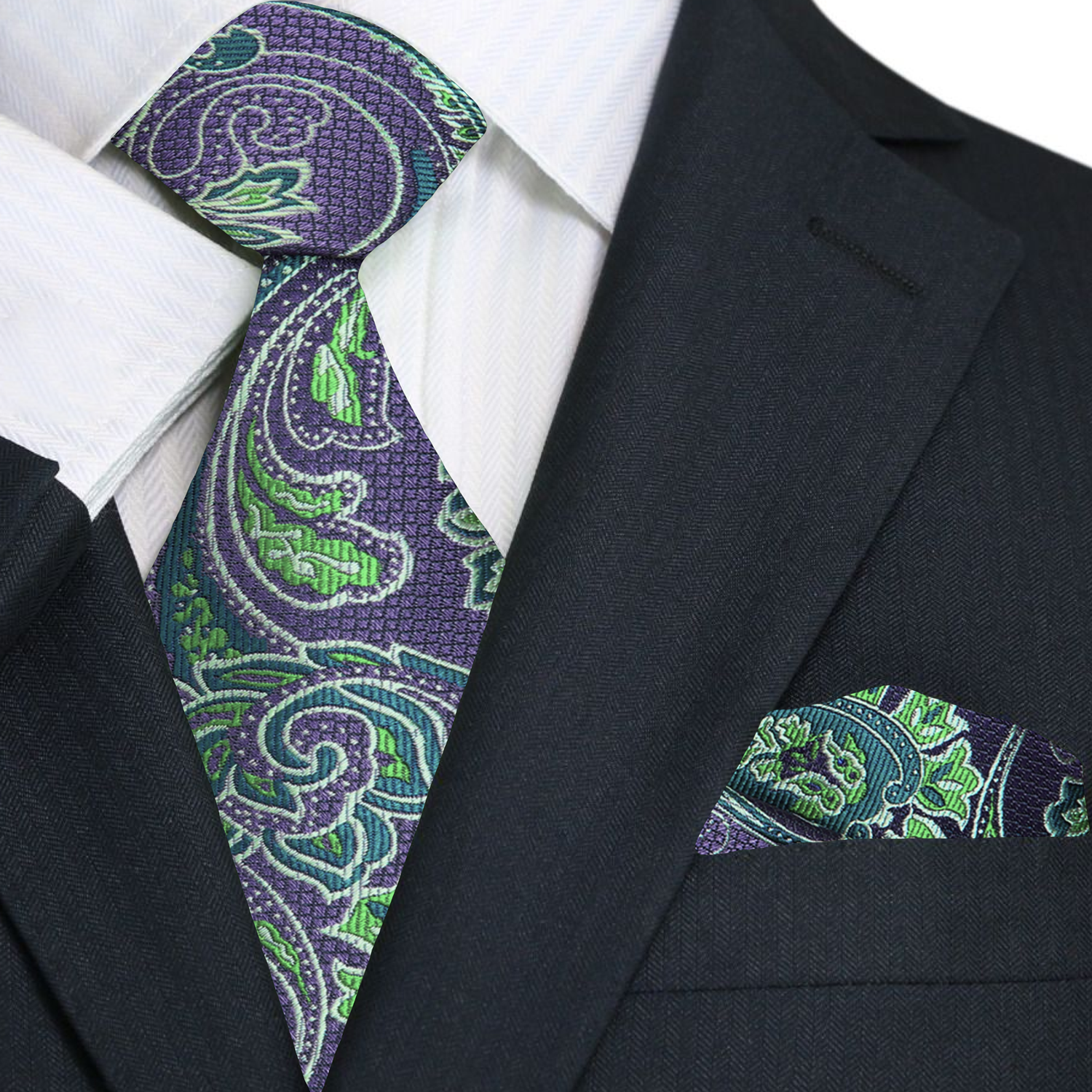 Main Stone Purple and Green Paisley Necktie and Matching Square