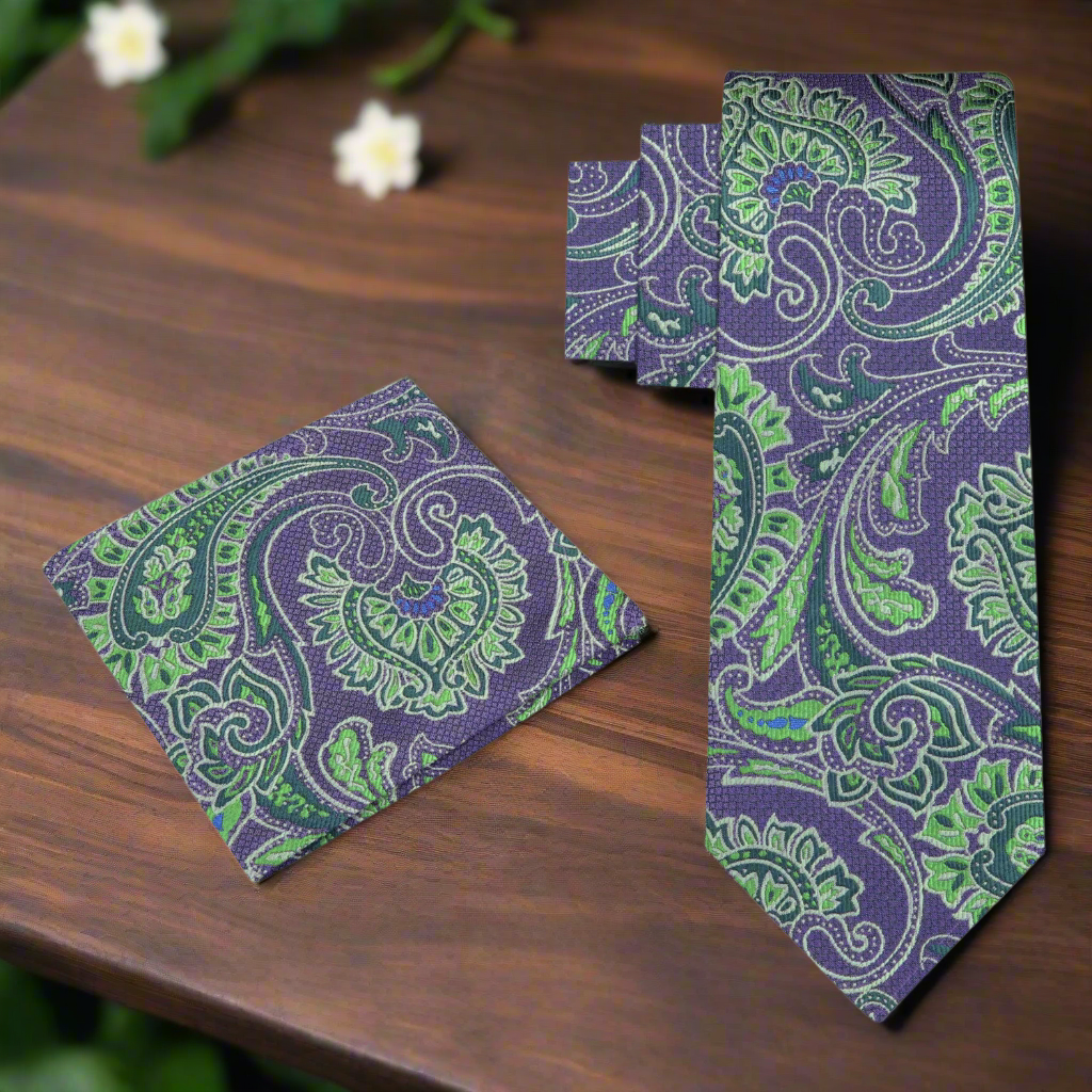 Stone Purple and Green Paisley Necktie and Matching Square