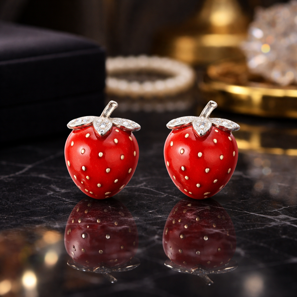Red strawberry-shaped earrings with diamond accents on a reflective surface.