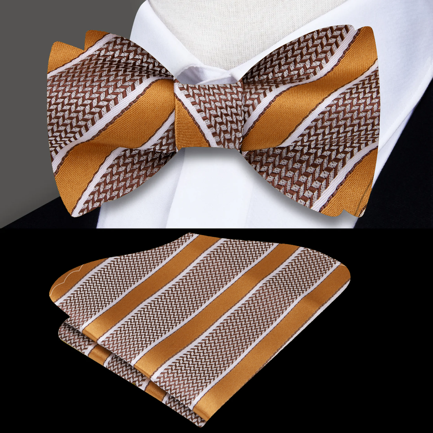 A Caramel, Brown, White Stripe Pattern Silk Self Tie Bow Tie, Matching Pocket Square