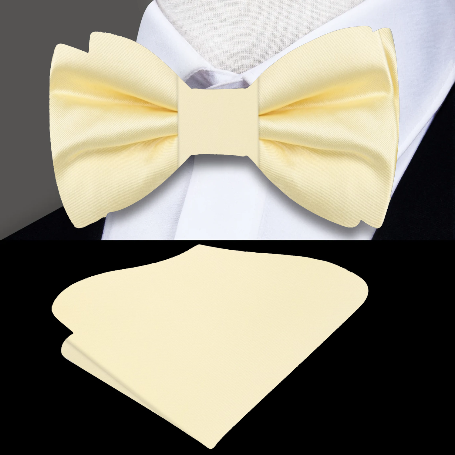 Solid Glossy Sugar Cookie Yellow Silk Bow Tie and Pocket Square