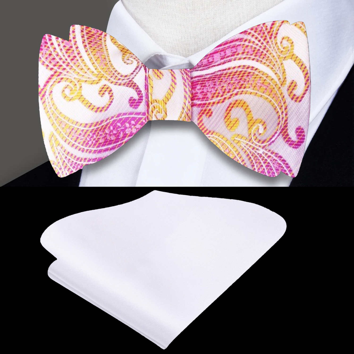 White, Pink, Yellow Abstract Bow Tie and White Square