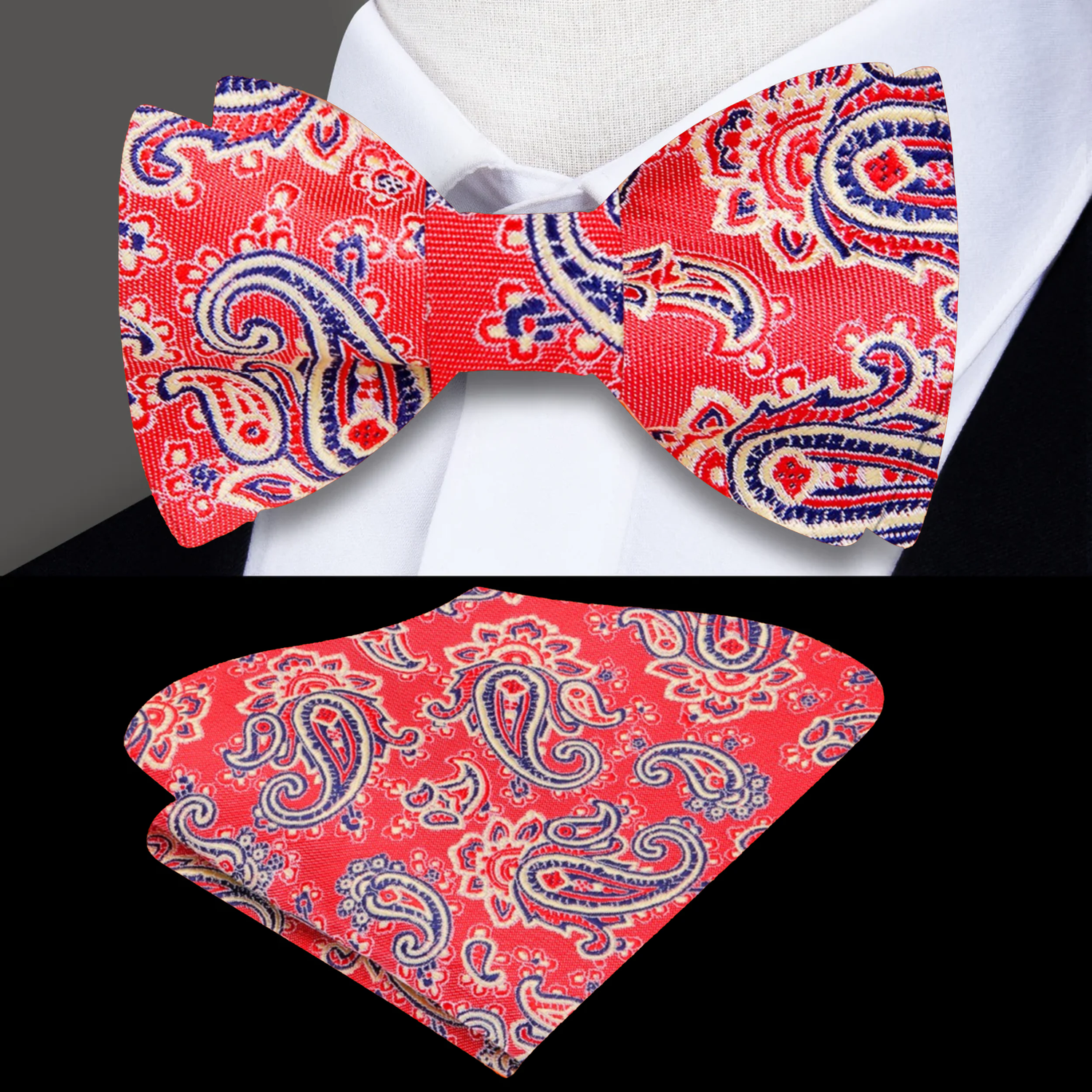 Main View: A Sunset, Black Paisley Pattern Silk Bow Tie, Matching Pocket Square