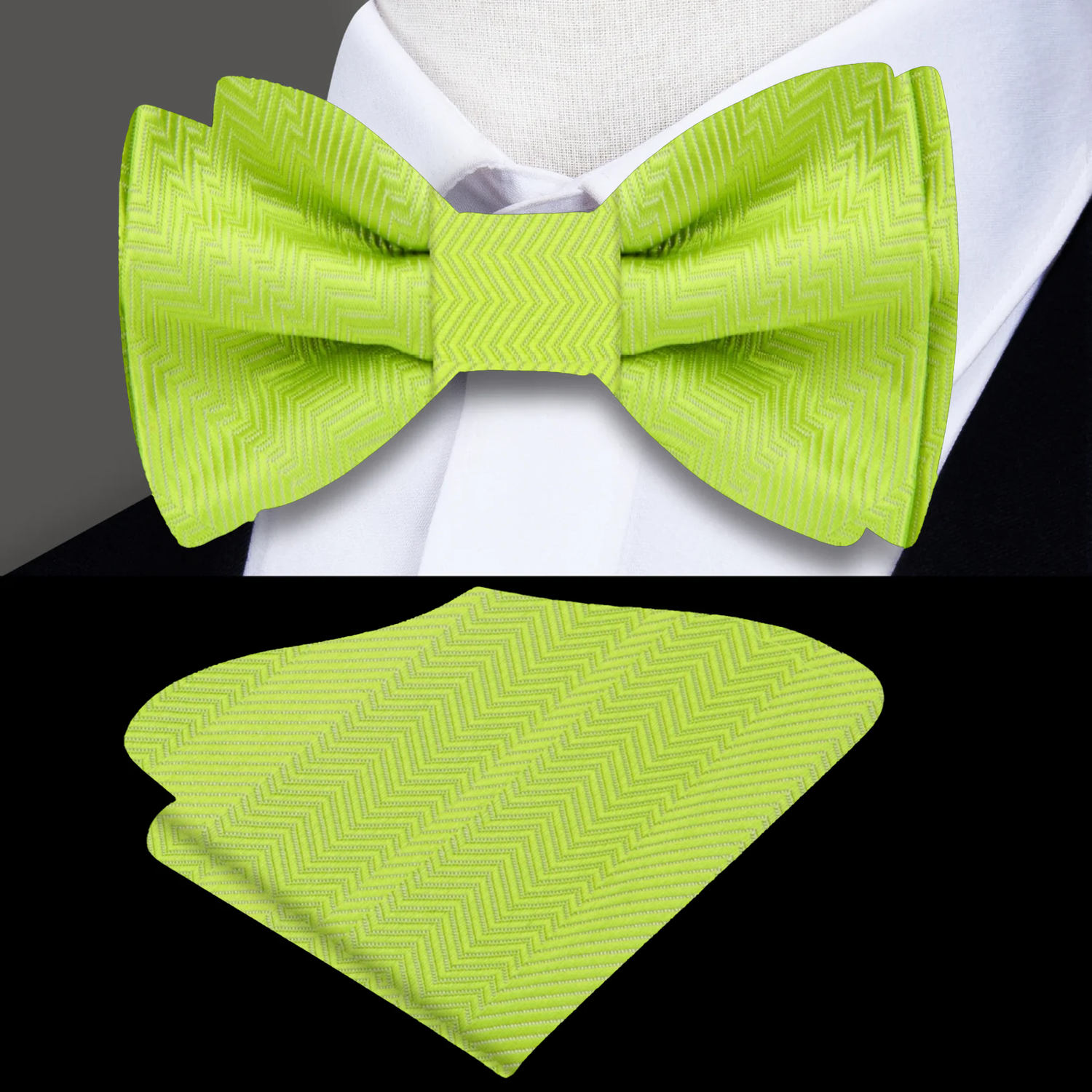 Main: A Sweet Lime Green Pattern Silk Self Tie Bow Tie, Matching Pocket Square
