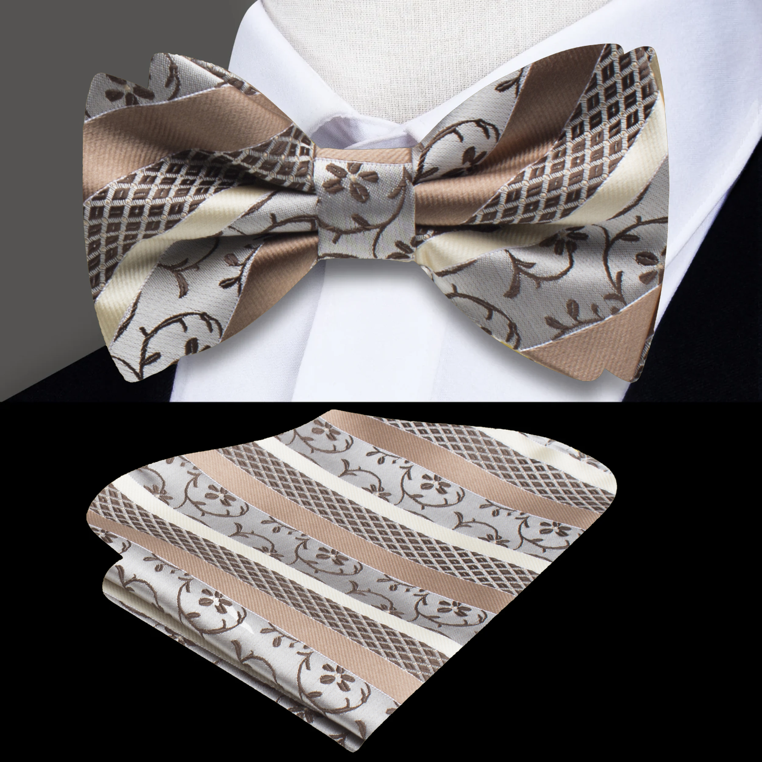 A Gold, Brown Vine Pattern Silk Self Tie Bow Tie and Pocket Square