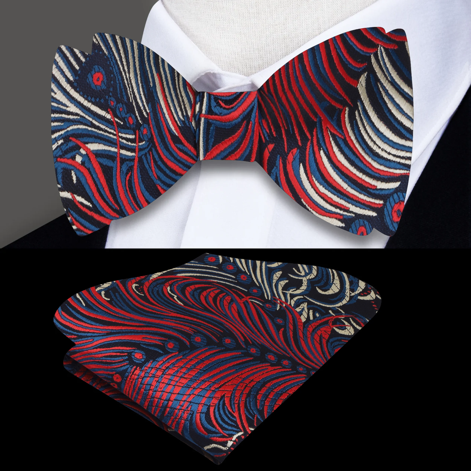 A Blue, Red, Cream Abstract Peacock Pattern Silk Self Tie Bow Tie, Matching Silk Pocket Square ||Red, Blue, White