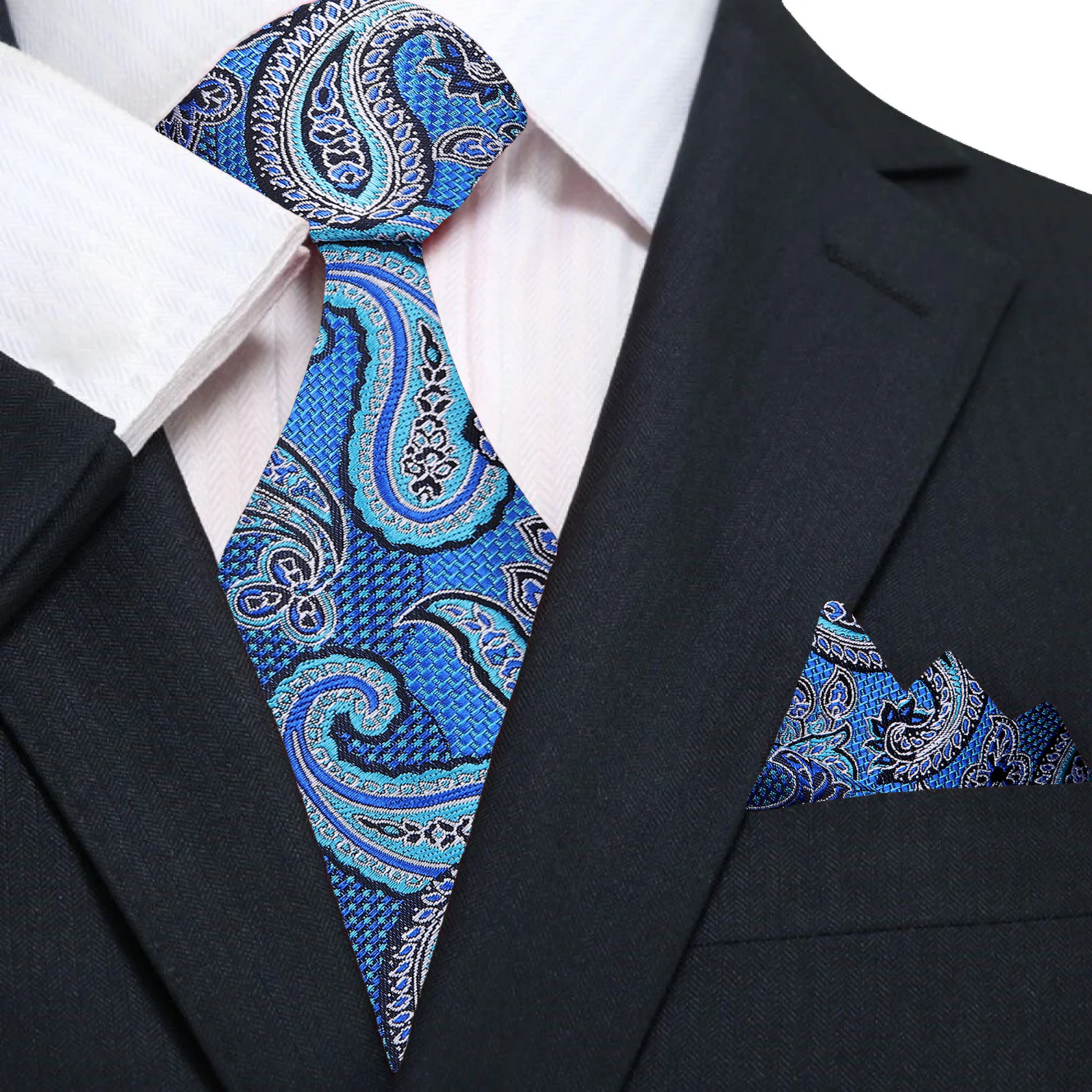 A Teal, Purple, Black Paisley Pattern Silk Necktie, Matching Pocket Square