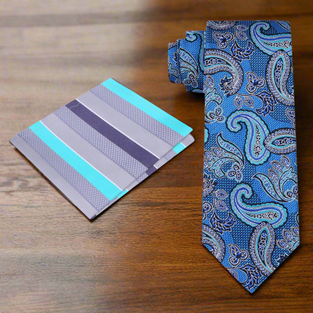 Alt View: A Teal, Purple, Black Paisley Pattern Silk Necktie, Accenting Pocket Square