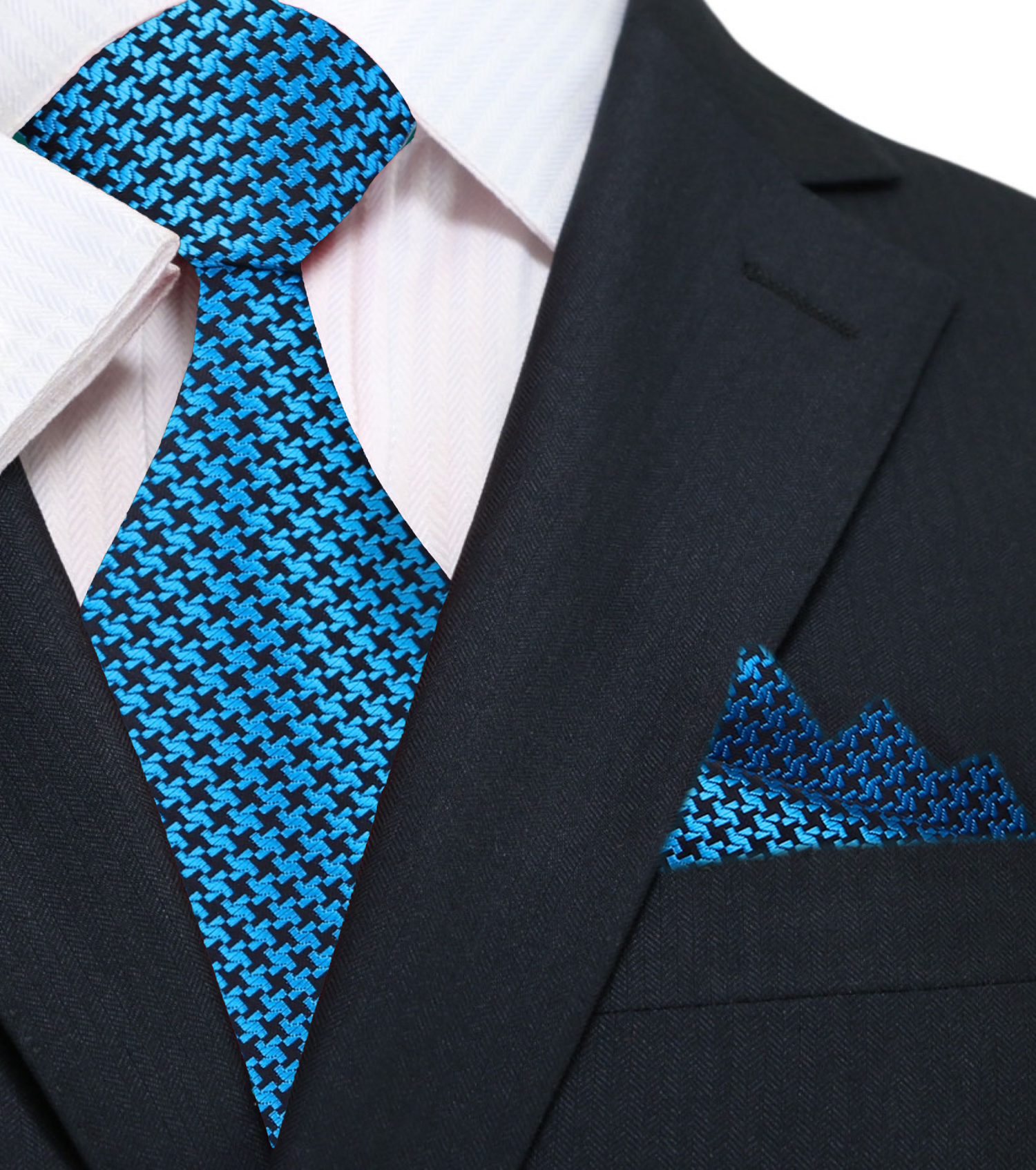 Main: Teal, Black Hounds Tooth Tie and Square||Teal