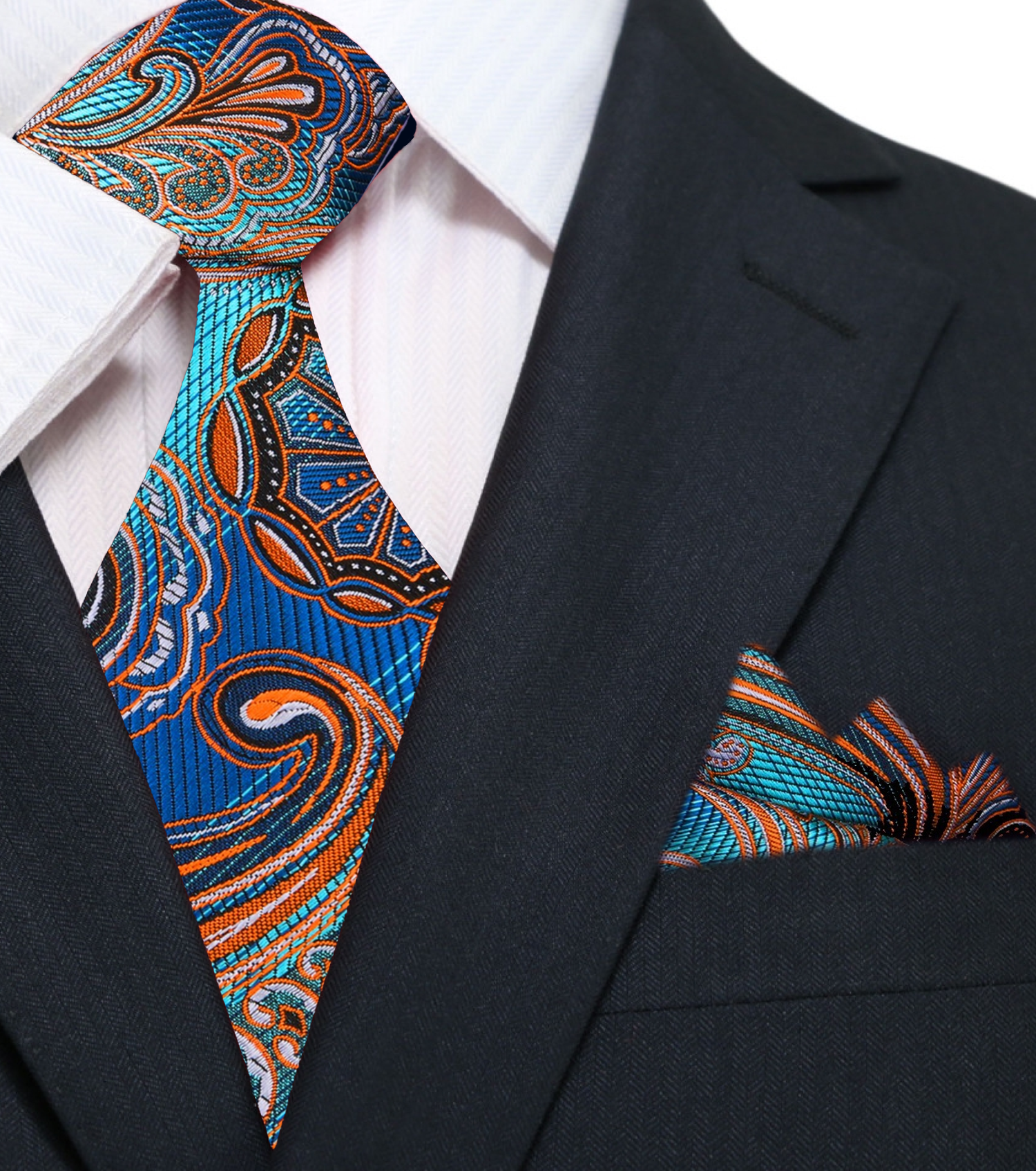 Main View: A Blue, Orange Paisley Pattern Silk Necktie, Matching Silk Pocket Square