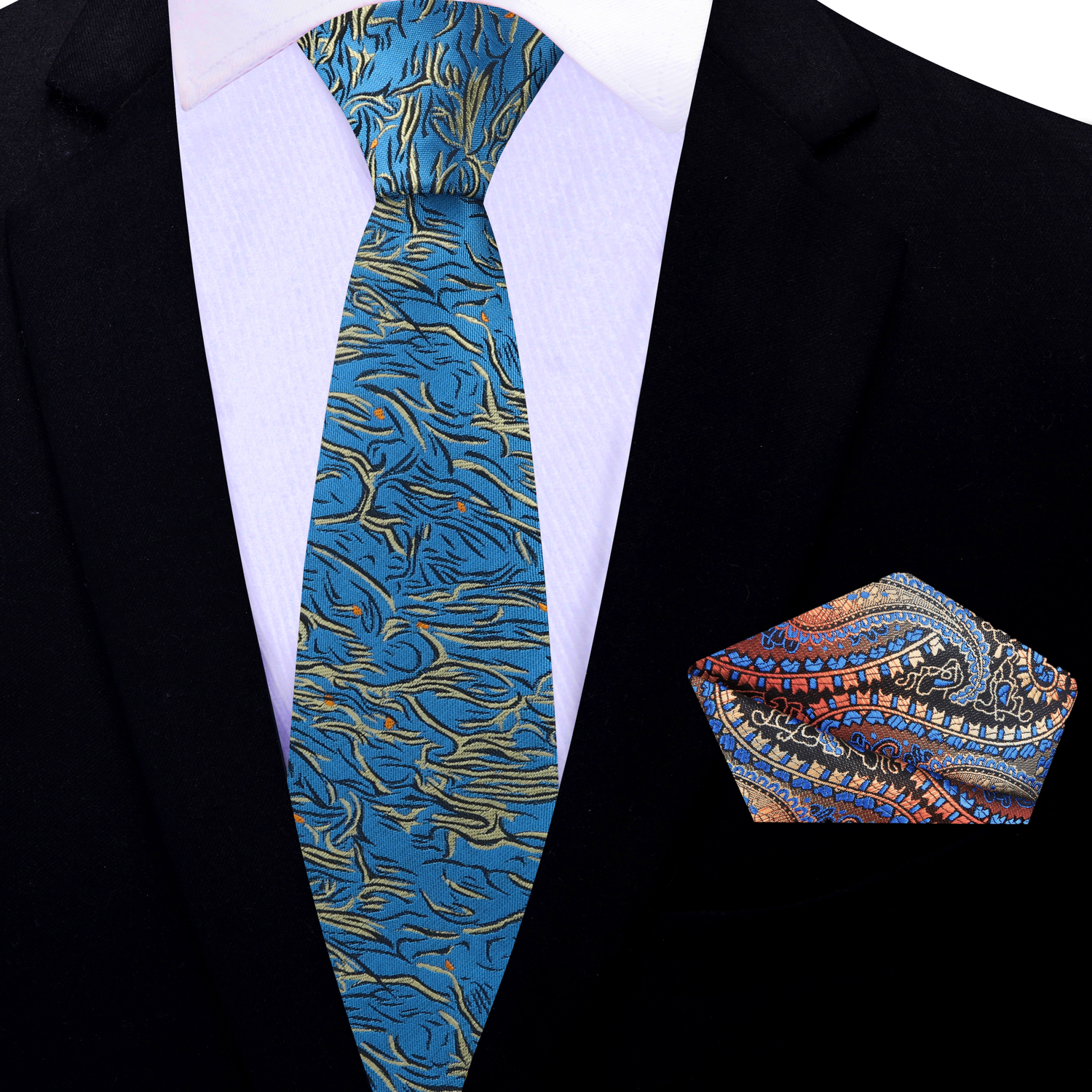 Thin Tie: Teal, Pale Gold and Orange Abstract Necktie with Orange, Brown and Blue Paisley Square