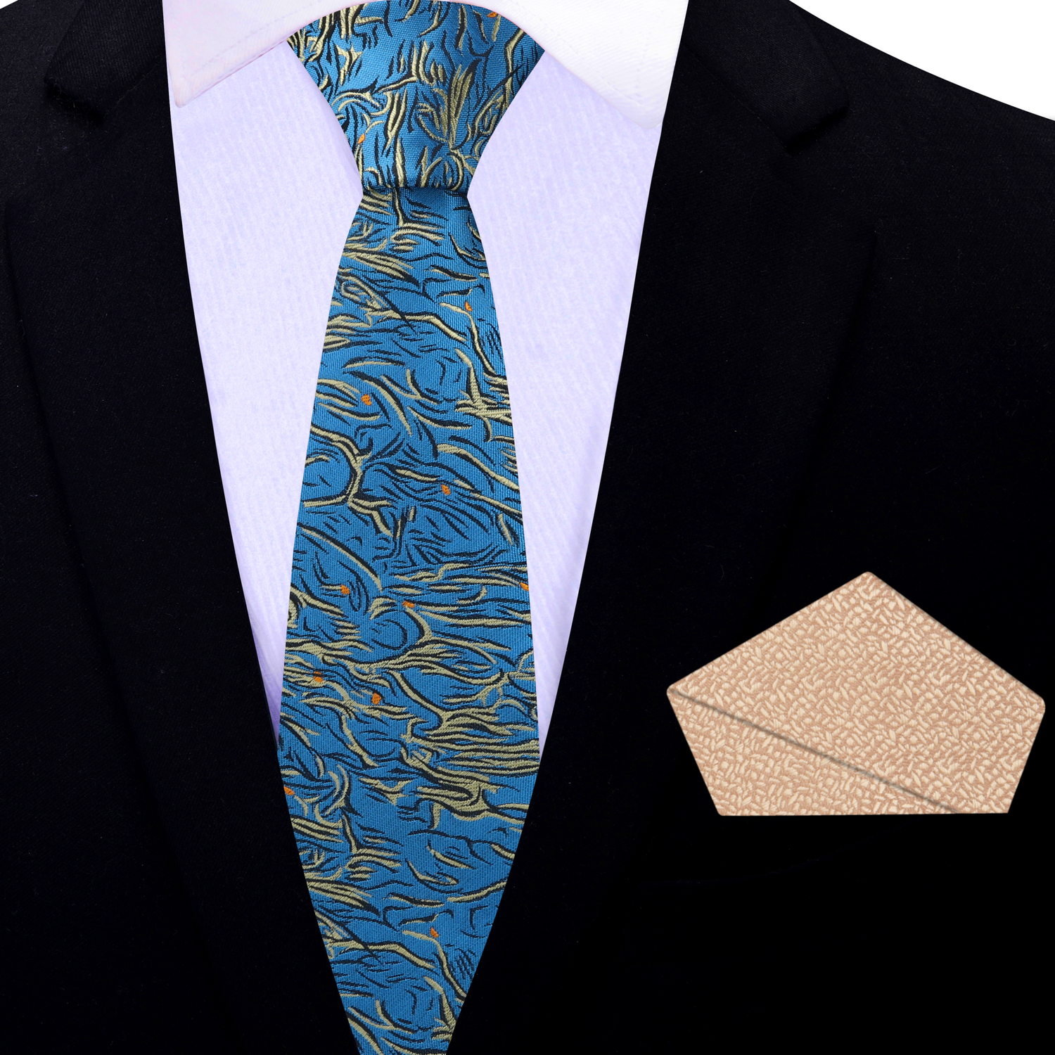 Thin Tie: Teal, Pale Gold and Orange Abstract Necktie with Light Gold Square