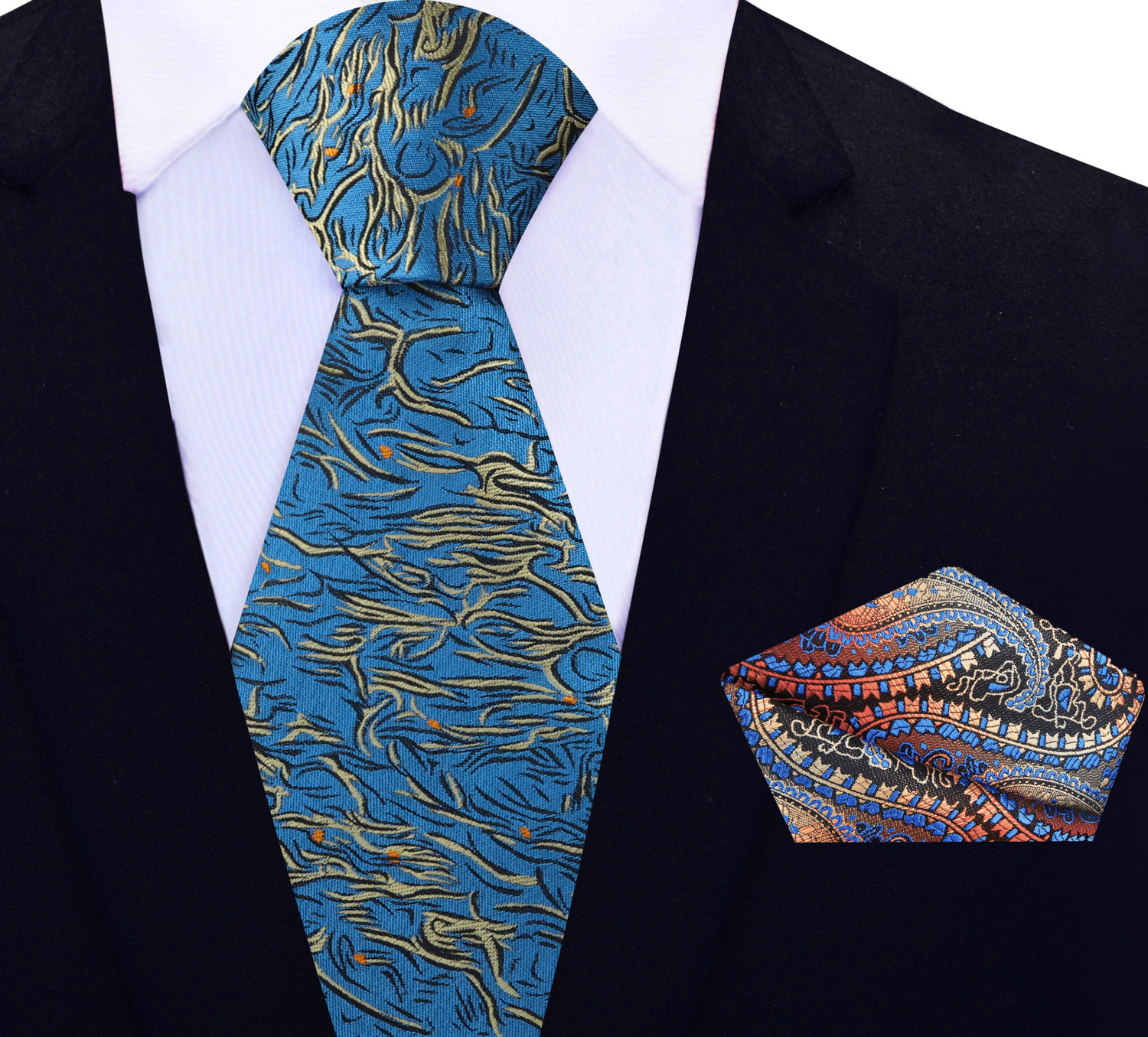 View 2: Teal, Pale Gold and Orange Abstract Necktie with Orange, Brown and Blue Paisley Square