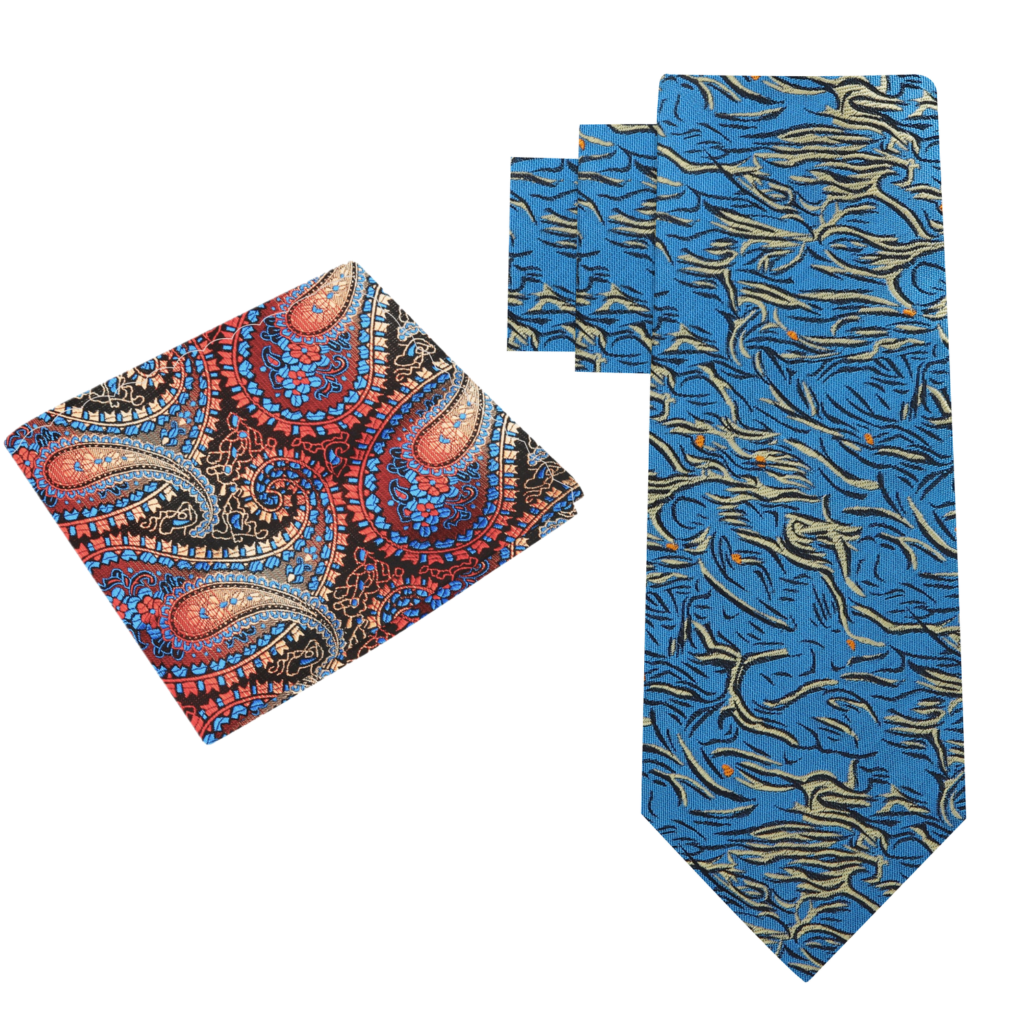 Alt view: Teal, Pale Gold and Orange Abstract Necktie with Orange, Brown and Blue Paisley Square