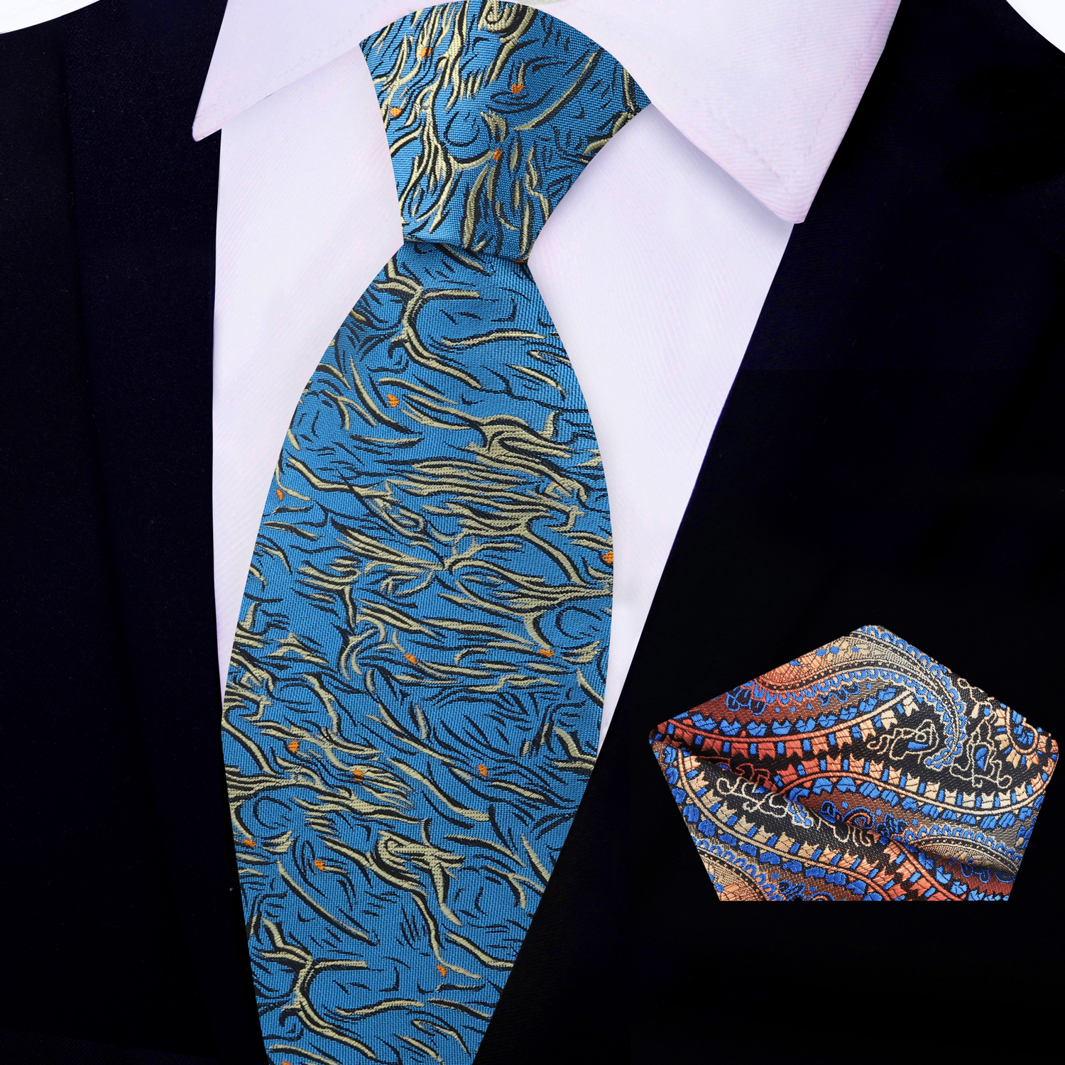 Teal, Pale Gold and Orange Abstract Necktie with Orange, Brown and Blue Paisley Square