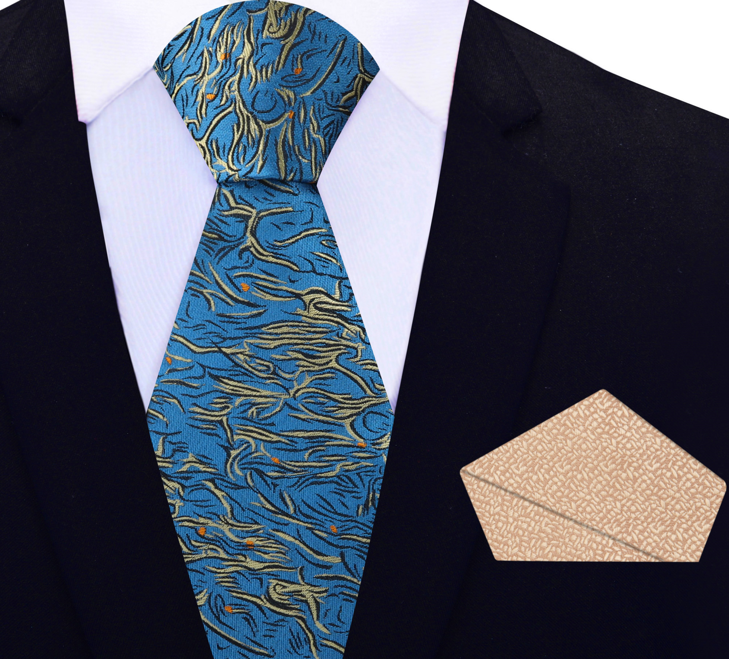 View 2: Teal, Pale Gold and Orange Abstract Necktie with Light Gold Square