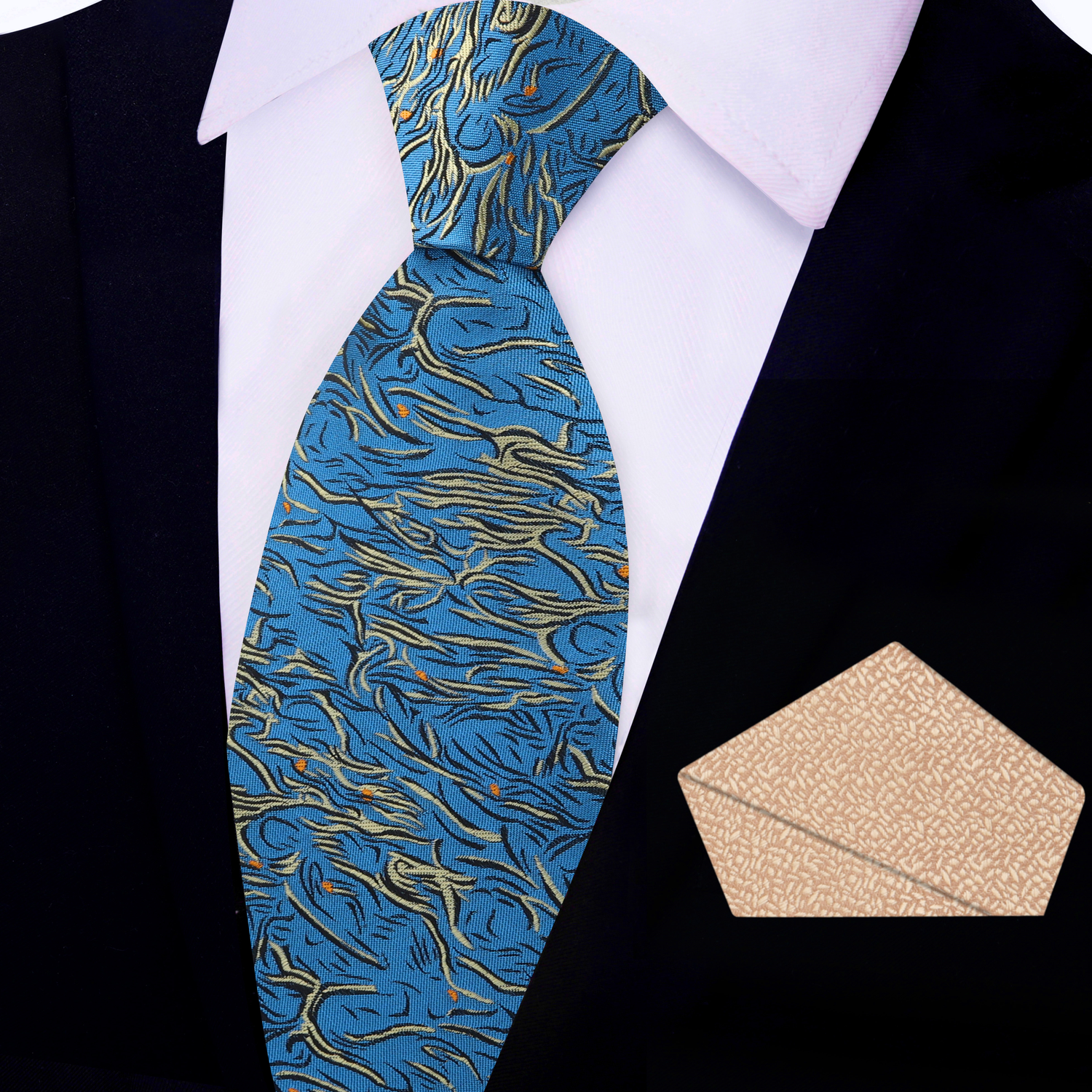 Teal, Pale Gold and Orange Abstract Necktie with Light Gold Square