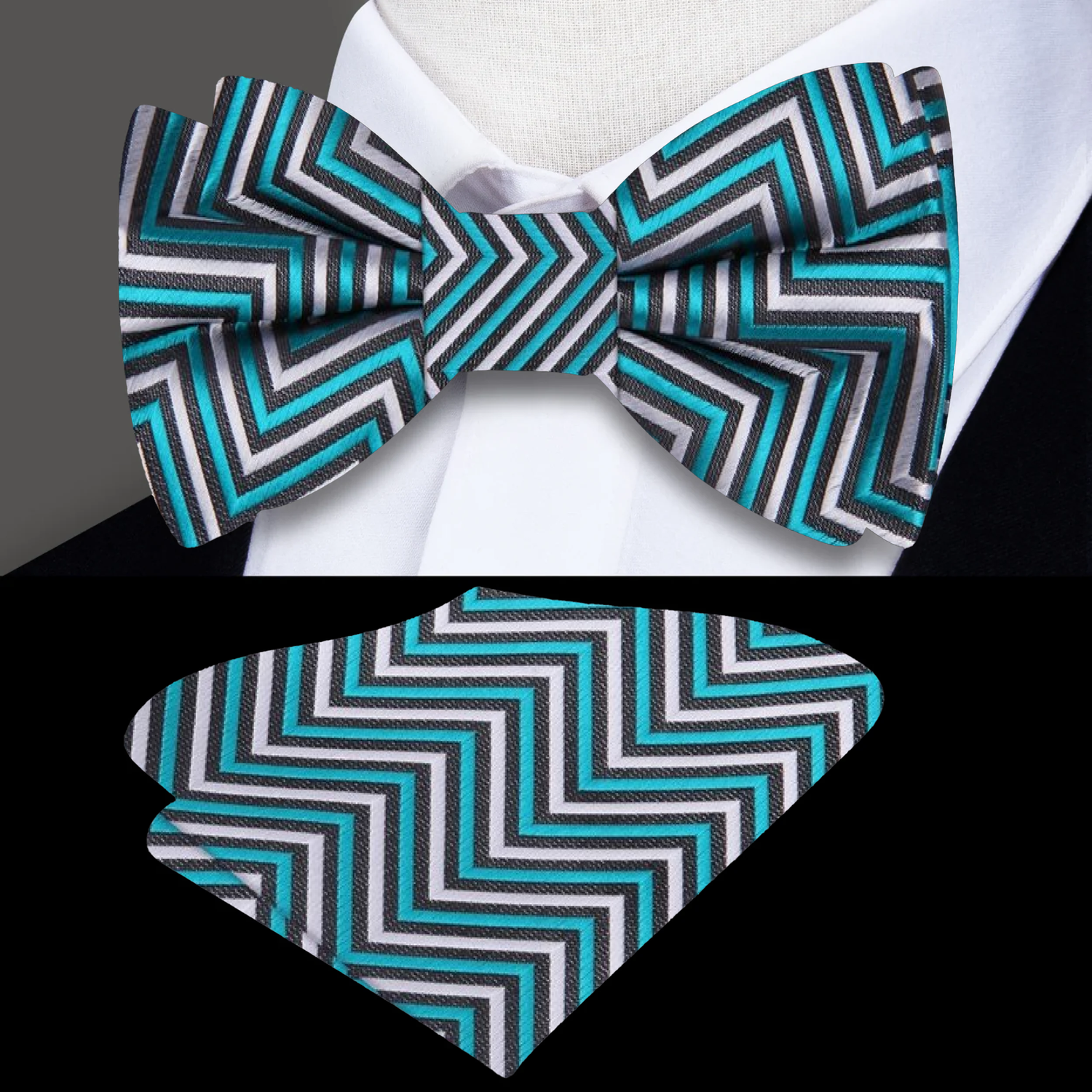 Teal Grey Razorback Bow Tie and Square