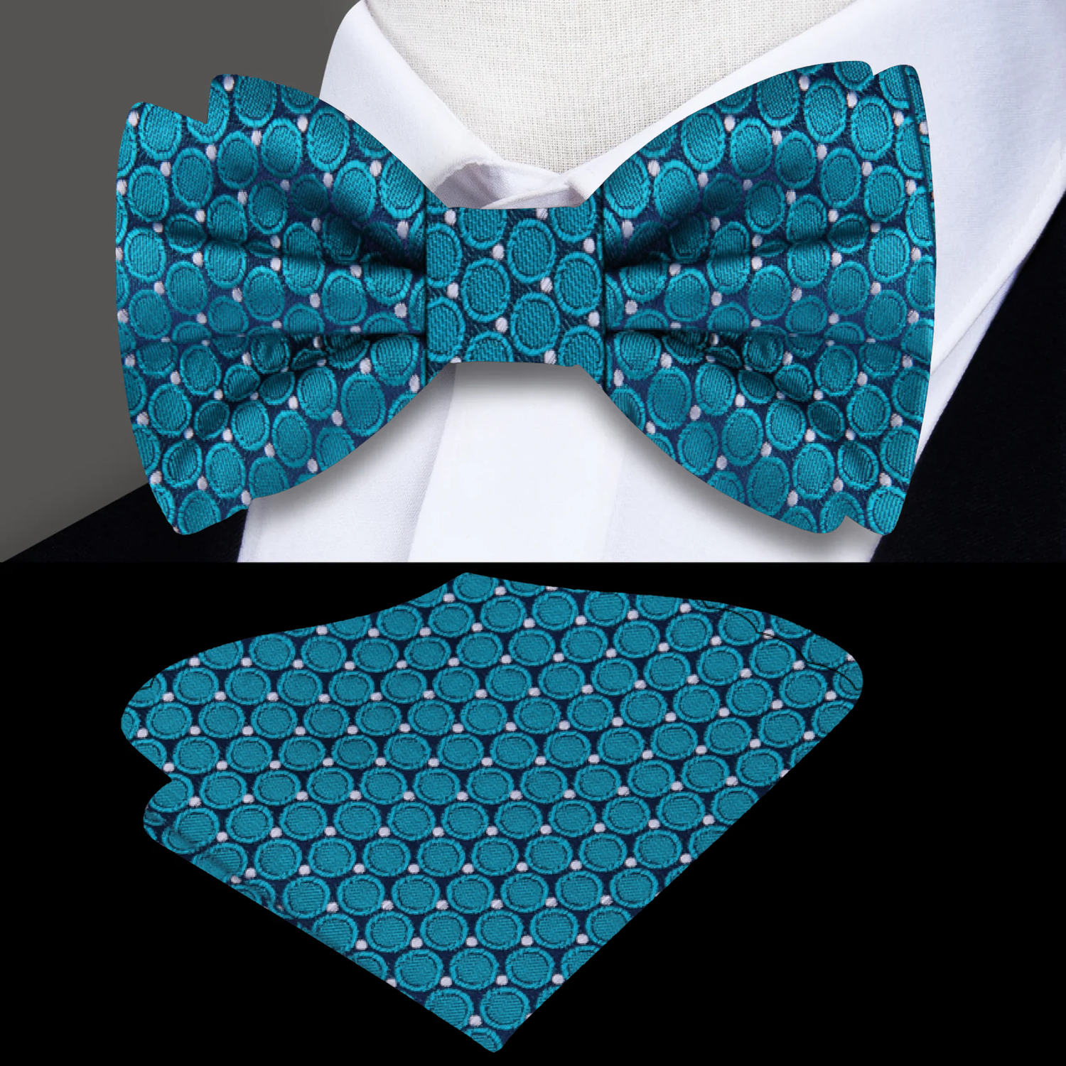 Teal Blue Circles Bow Tie and Pocket SquareTeal, Blue, Grey Circles Bow Tie and Pocket Square||Teal Green