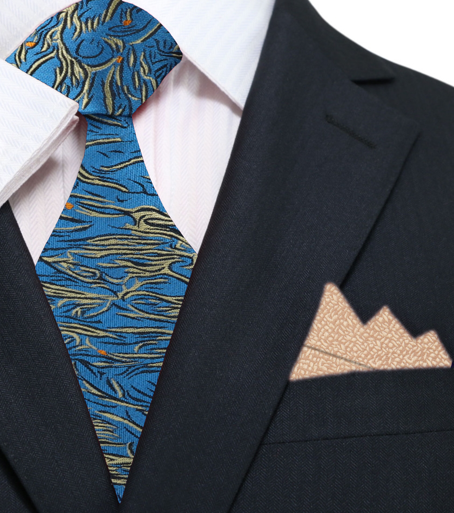Main: Teal, Pale Gold and Orange Abstract Necktie with Light Gold Square
