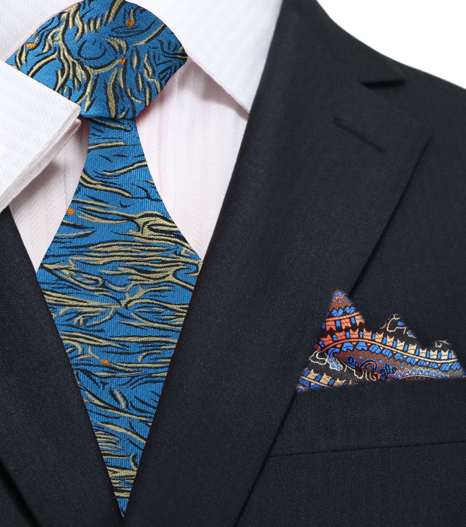 Main: Teal, Pale Gold and Orange Abstract Necktie with Orange, Brown and Blue Paisley Square