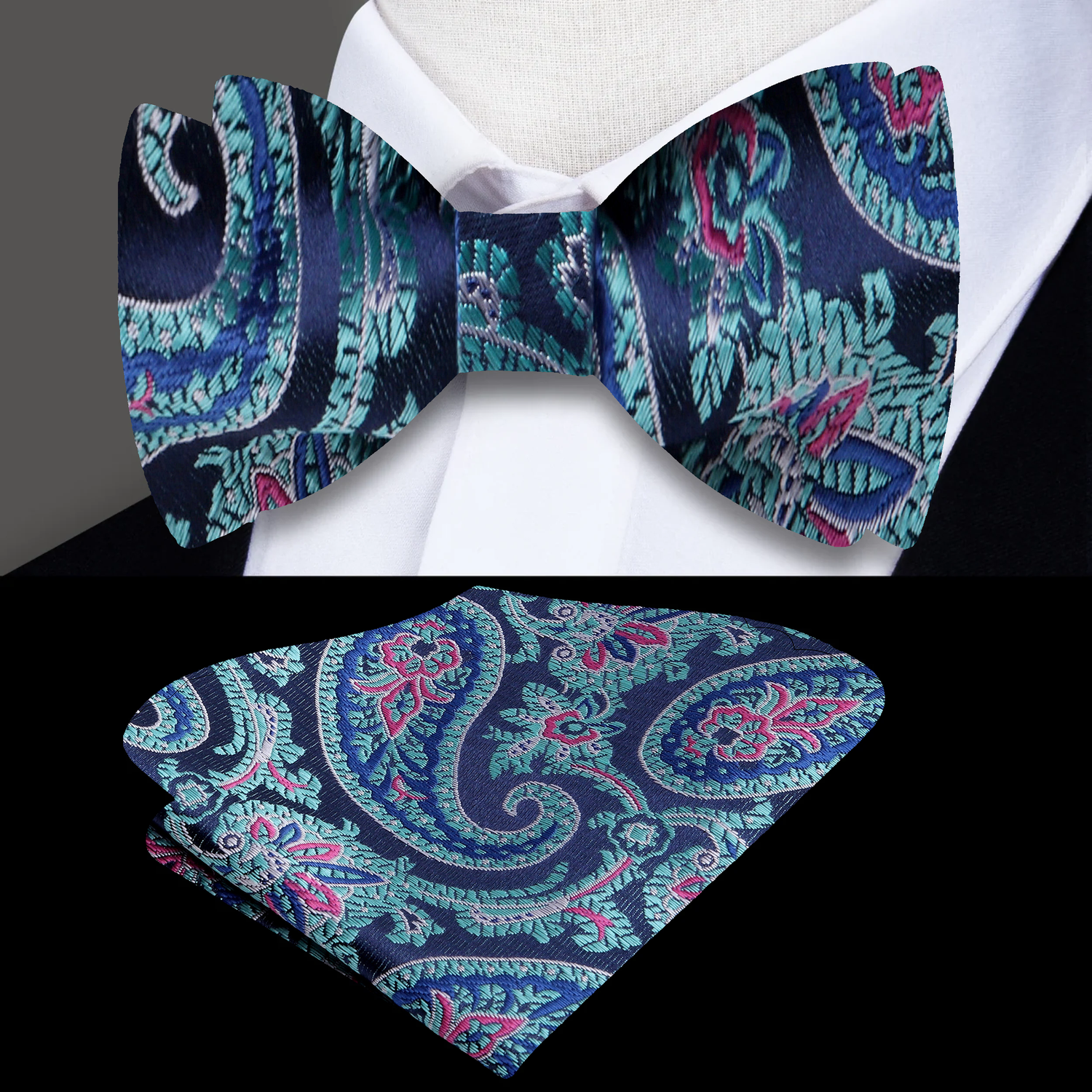 Main View: A Green, Blue Floral Pattern Silk Self Tie Bow Tie, Matching Pocket Square