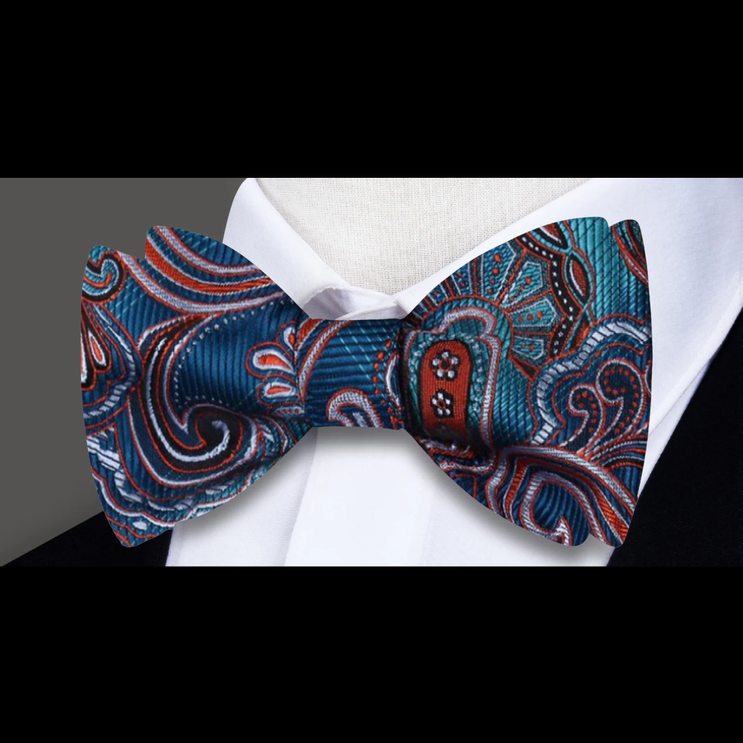 A Teal, Orange Paisley Pattern Silk Bow Tie 