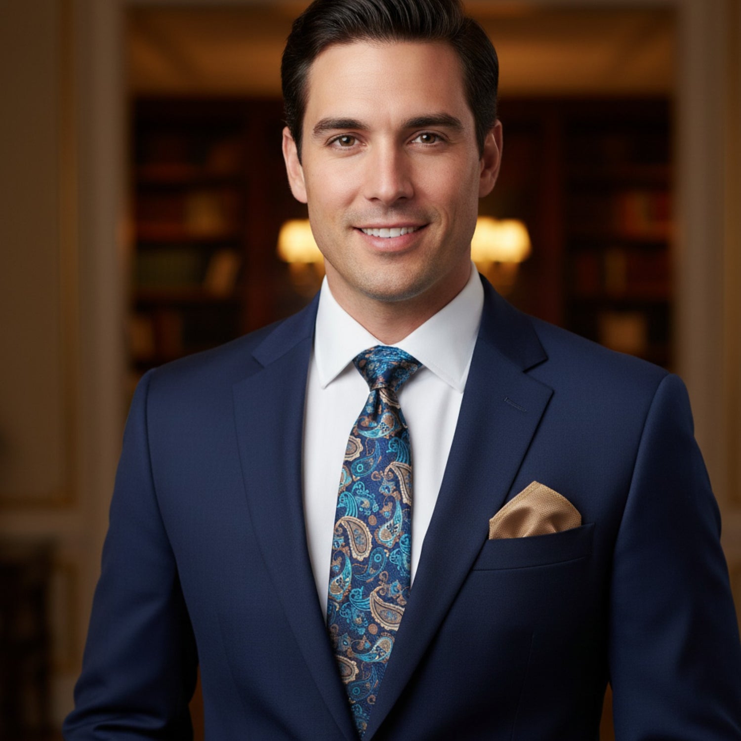 Man wearing a blue suit with a patterned tie and brown pocket square, standing indoors.