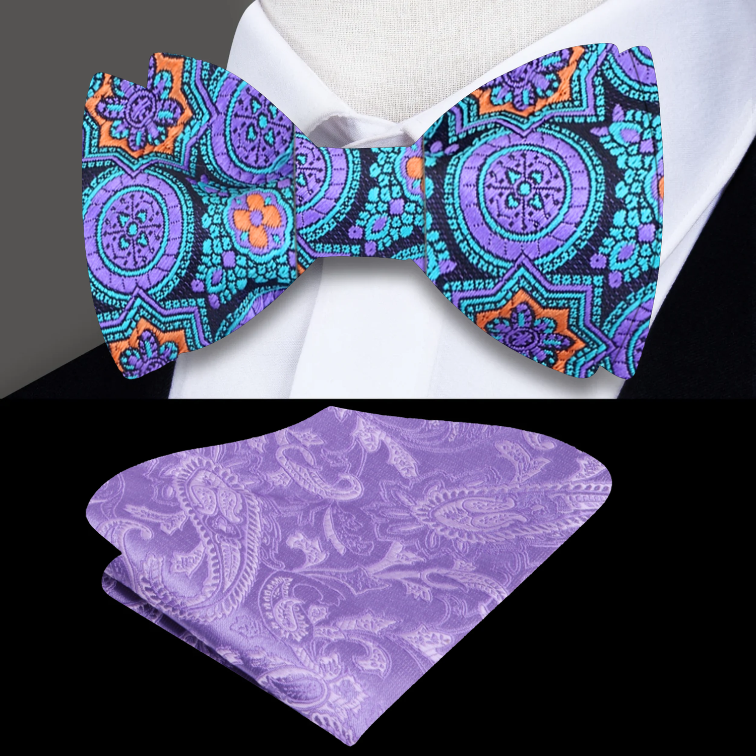 Purple and Green Geometric Bow and Purple Paisley Square