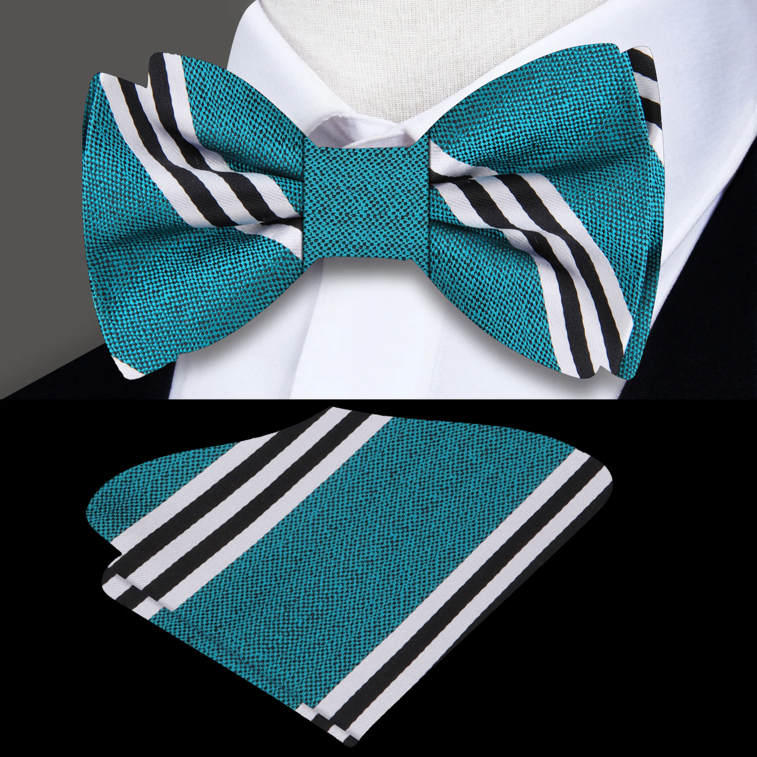 Teal White Black Stripe Bow Tie and Square