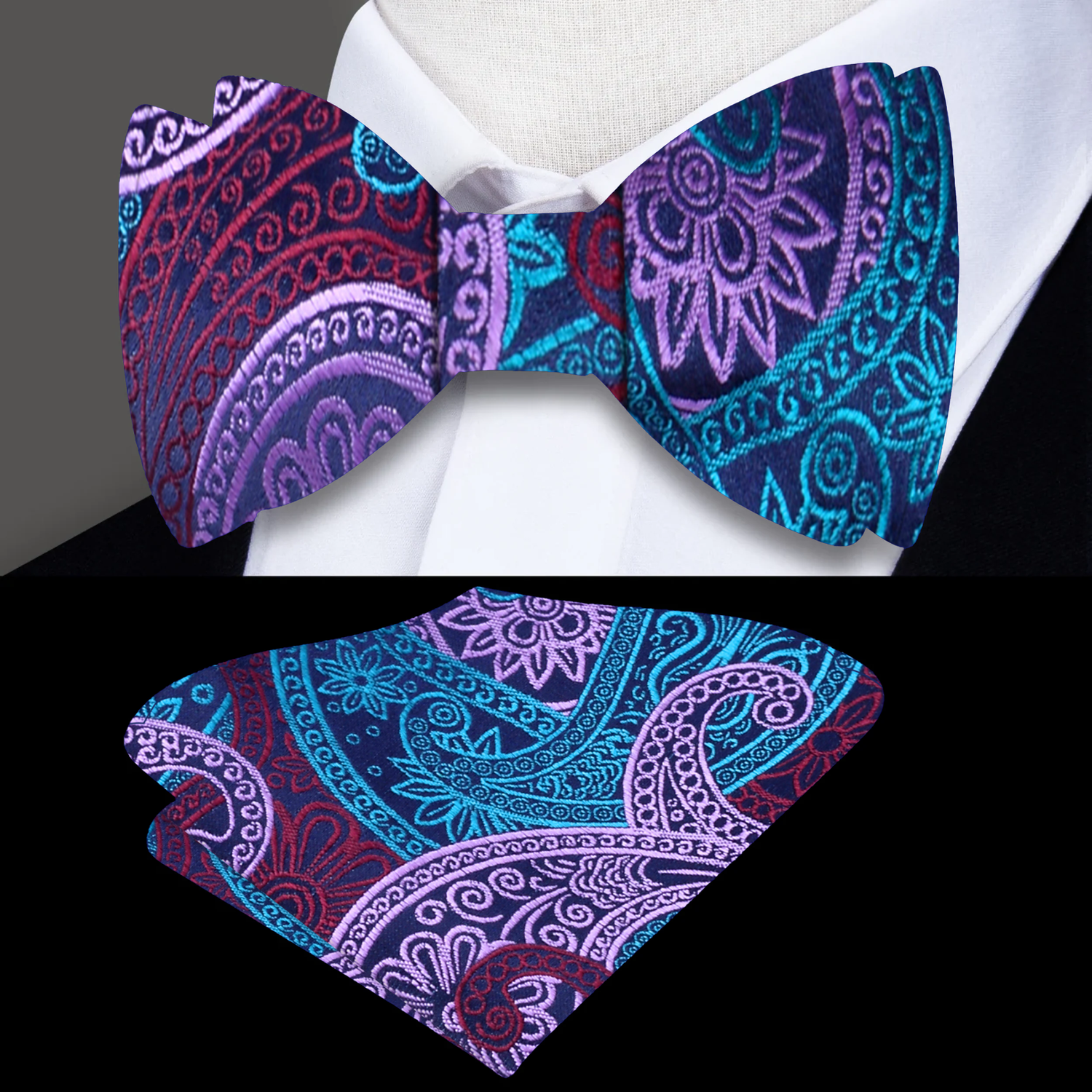 Main: Teal Blue Paisley Bow Tie and Pocket Square