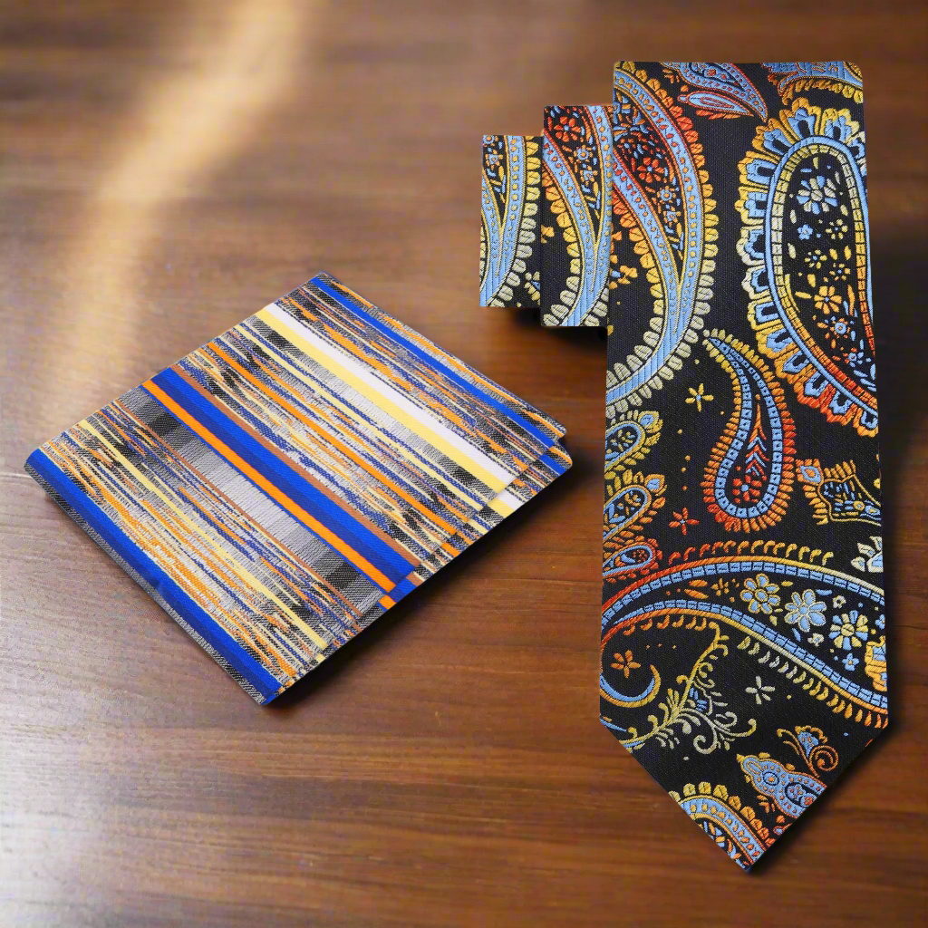 Alt Black, Red, Orange, Yellow and Light Blue Paisley Tie and Accenting Pocket Square