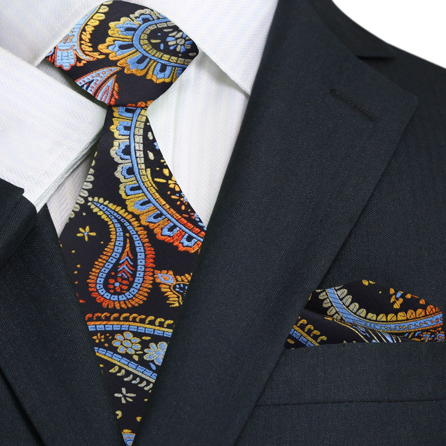 Premium Black, Red, Orange, Yellow and Light Blue Paisley Tie and Pocket Square