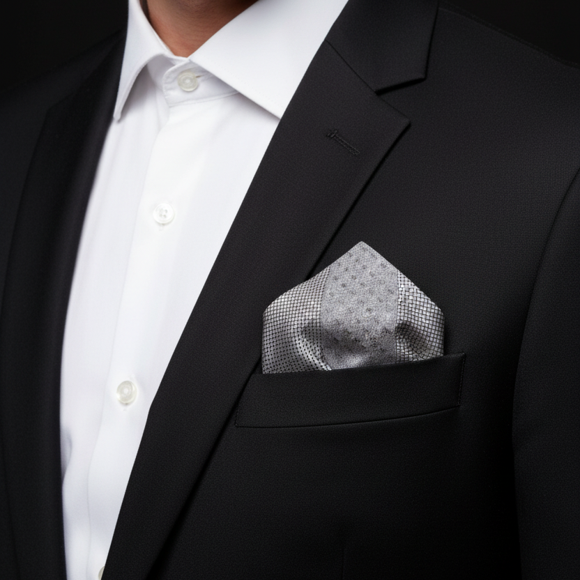 Man wearing a black suit with a white shirt and patterned pocket square on a dark background