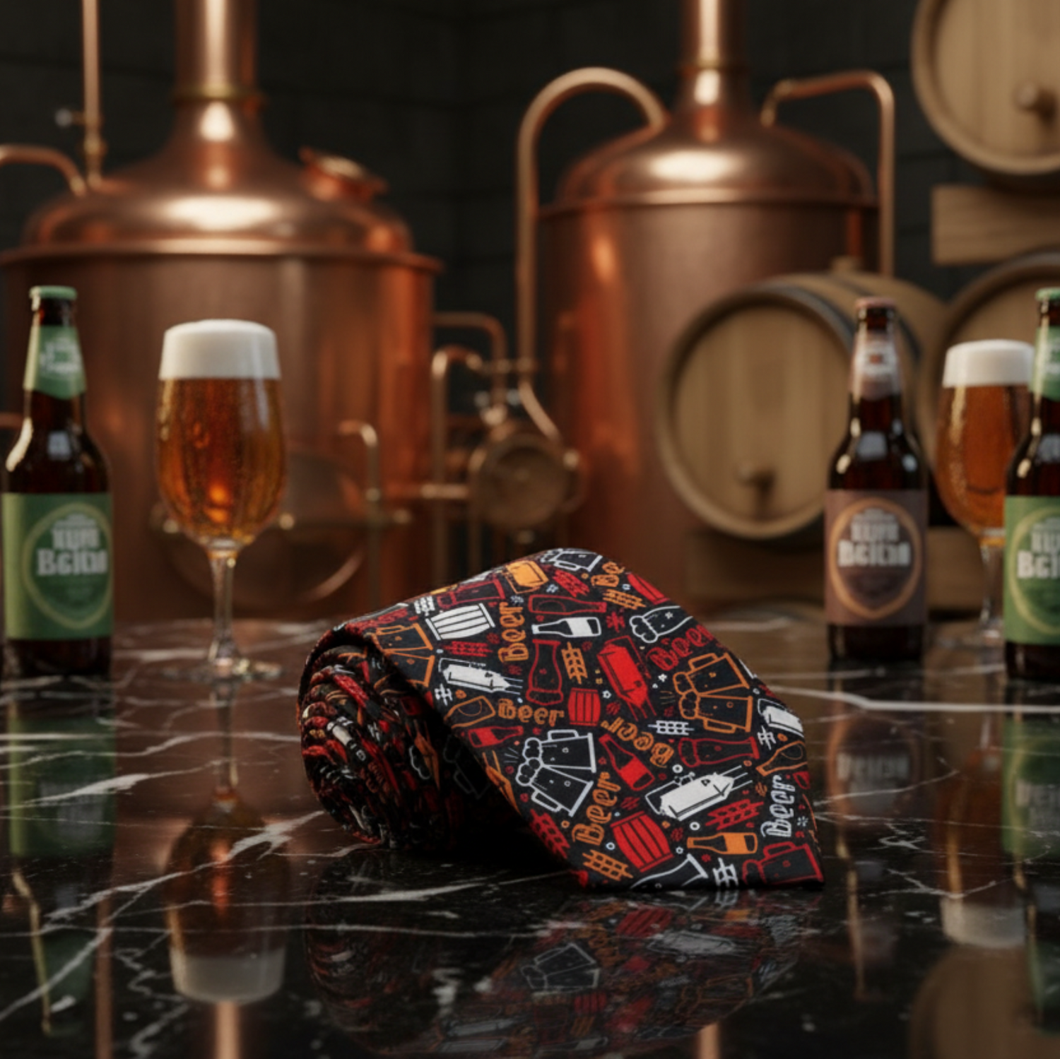 Black, Orange, Red & White Beer Brewer Pattern Necktie
