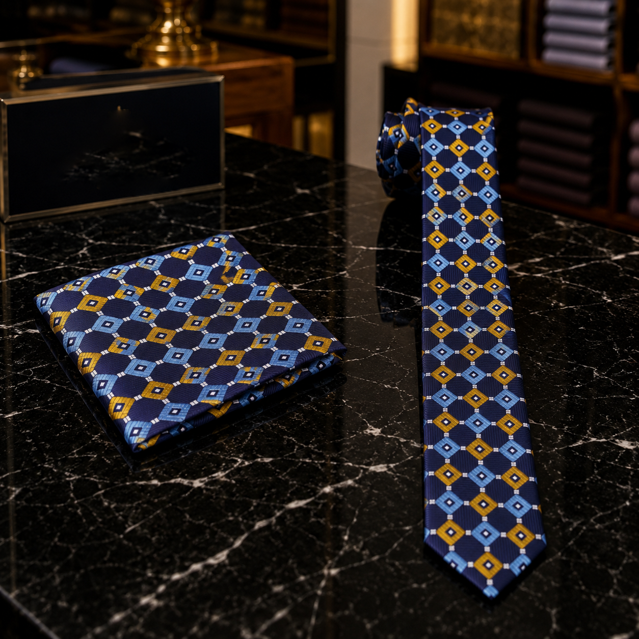 A men's necktie and matching pocket square set with a geometric diamond pattern in navy blue, light blue, and mustard yellow, displayed on a black marble surface.