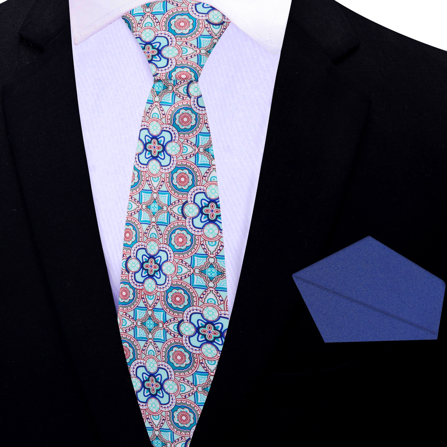 Thin Tie: White, Light Blue, Blue Mosaic Necktie and Blue Square