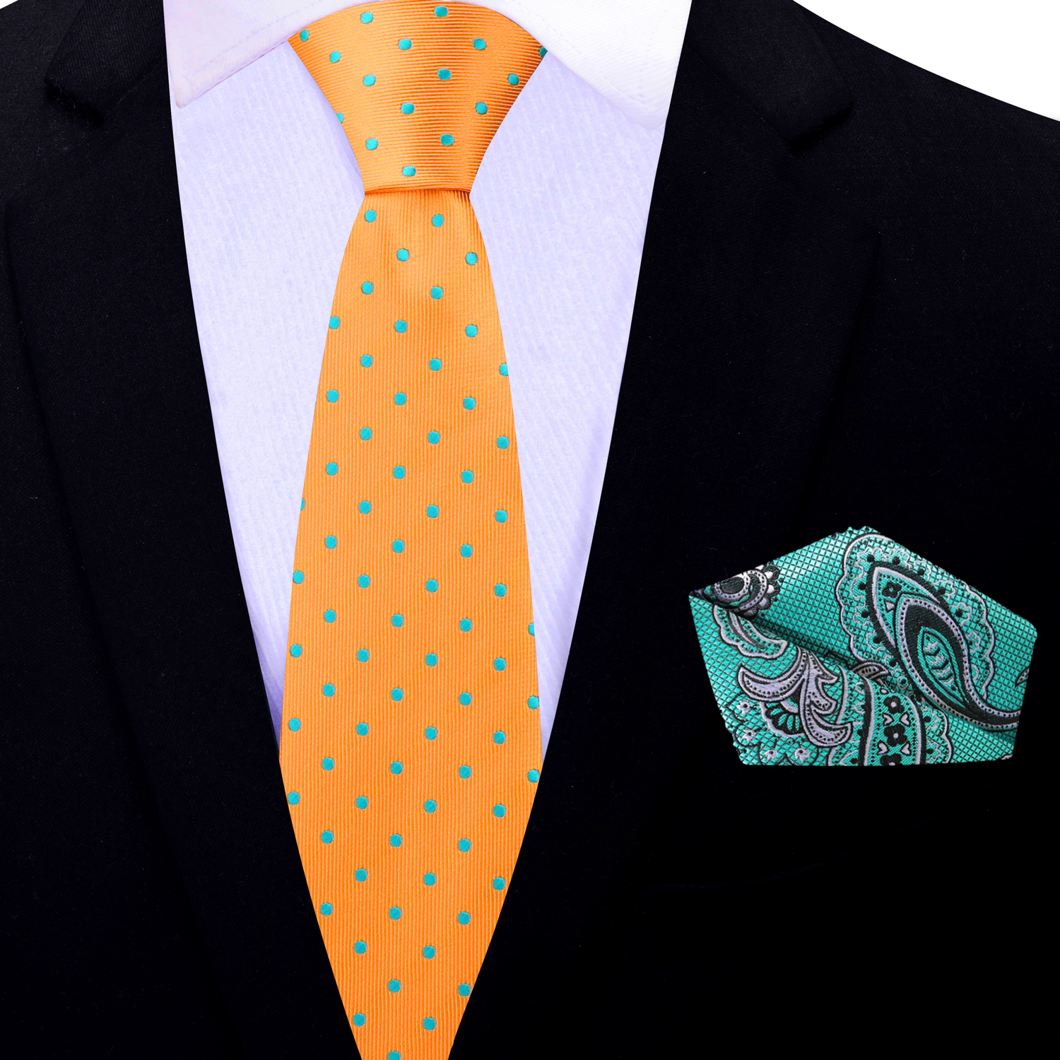 Thin Tie: Orange with Aqua Dots Necktie and Aqua Blue Paisley Pocket Square