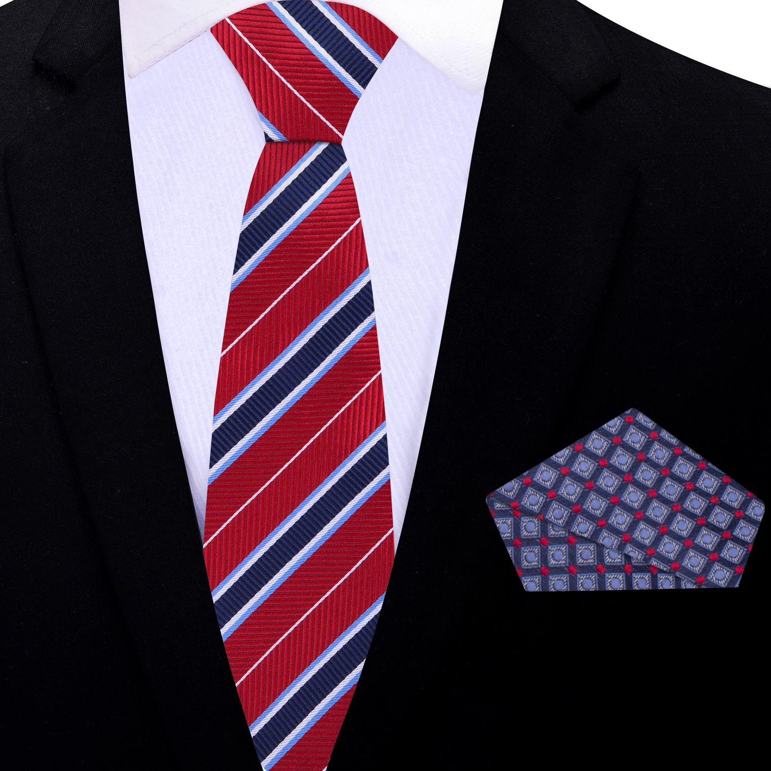 Thin Tie: Red, Blue Stripe Necktie with Blue, Red Geometric Pocket Square