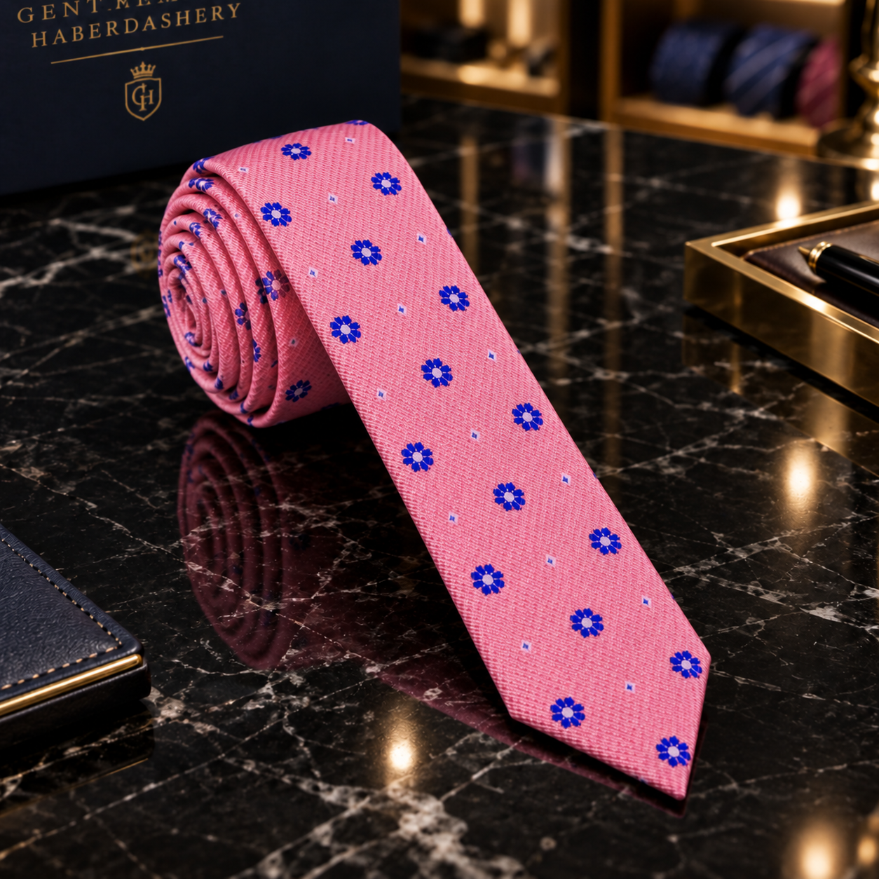 A pink necktie with a blue and white floral pattern, displayed on a black marble surface next to a dark blue branded box labeled Gentle Haberdashery.