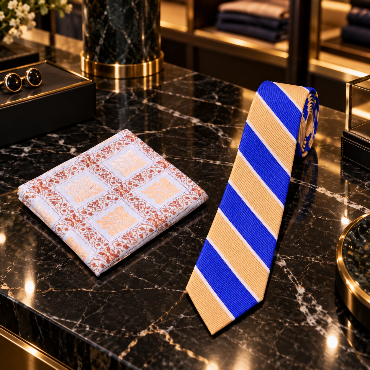 A men's necktie and matching pocket square set displayed on a polished black marble countertop. The tie features bold royal blue and warm tan diagonal stripes, while the pocket square has a white base with a repeating orange-brown floral pattern.