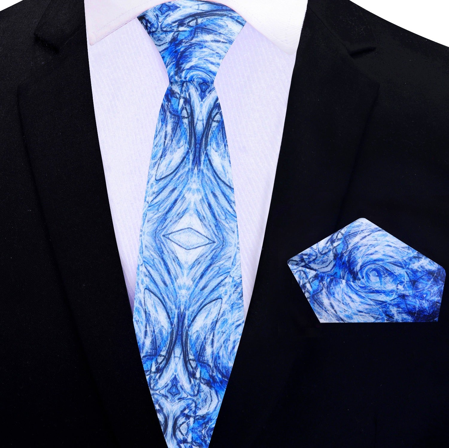 White Blue Abstract Tie and Pocket Square||White, Blue