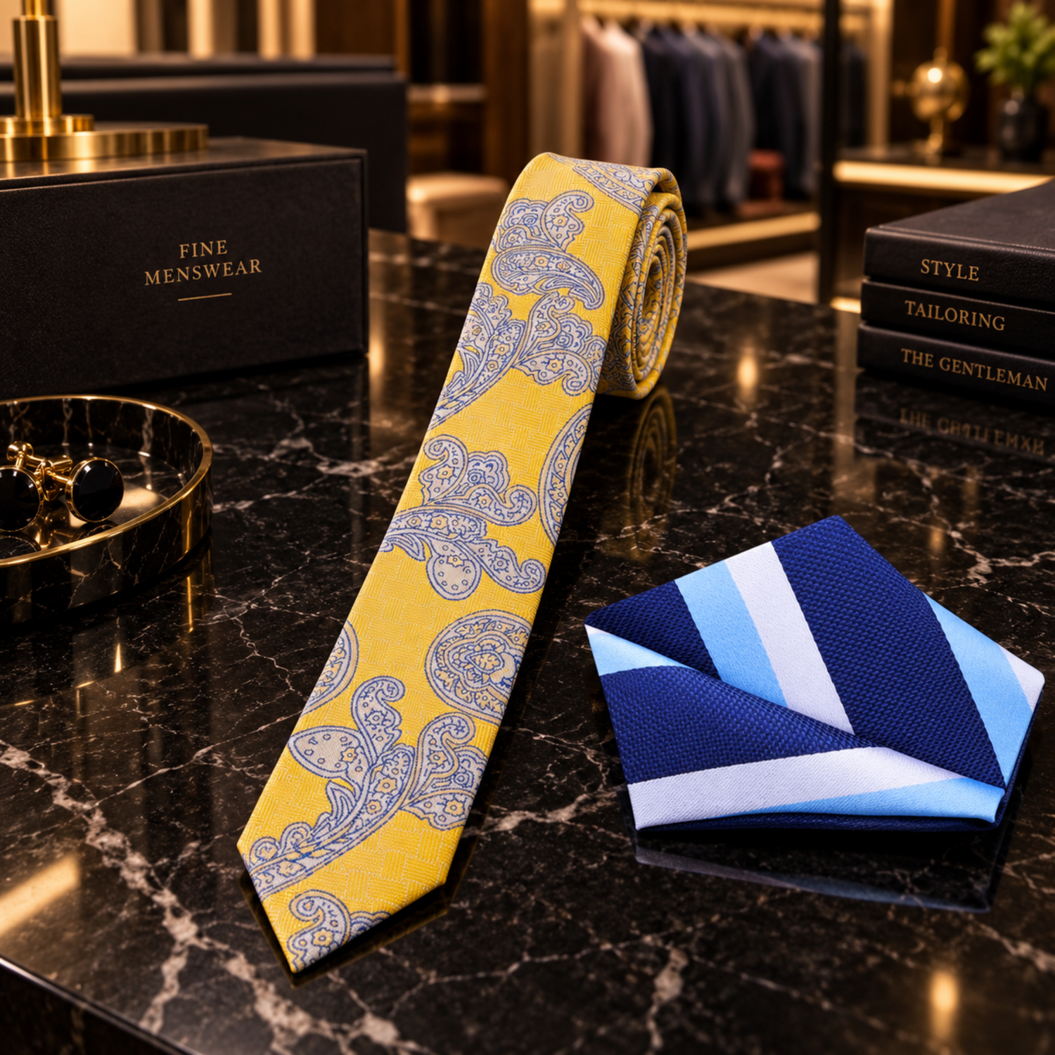 Thin Yellow Paisley Tie and Blue Stripe square