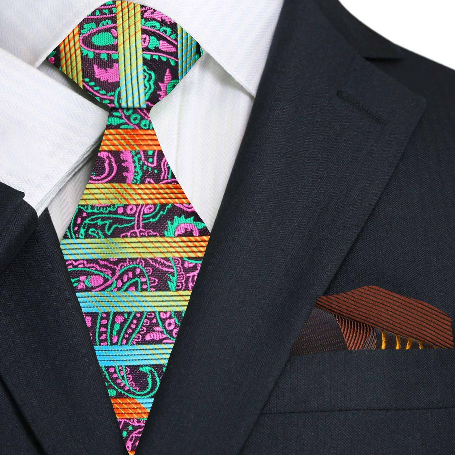 Premium Necktie and Accenting Square with a Orange, Green, Blue, Yellow, Pink, Brown Stripe, Abstract, Paisley Pattern