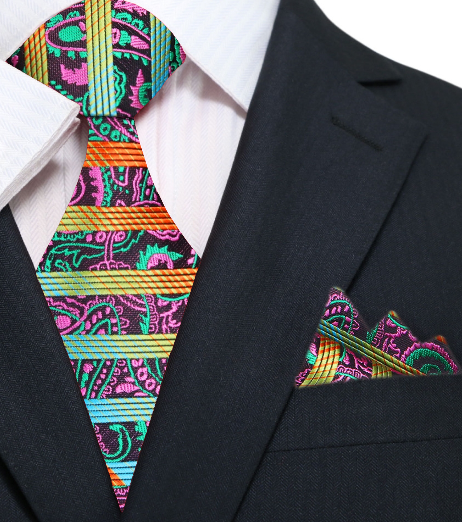 Main View: Necktie and Square with a Orange, Green, Blue, Yellow, Pink, Brown Stripe, Abstract, Paisley Pattern