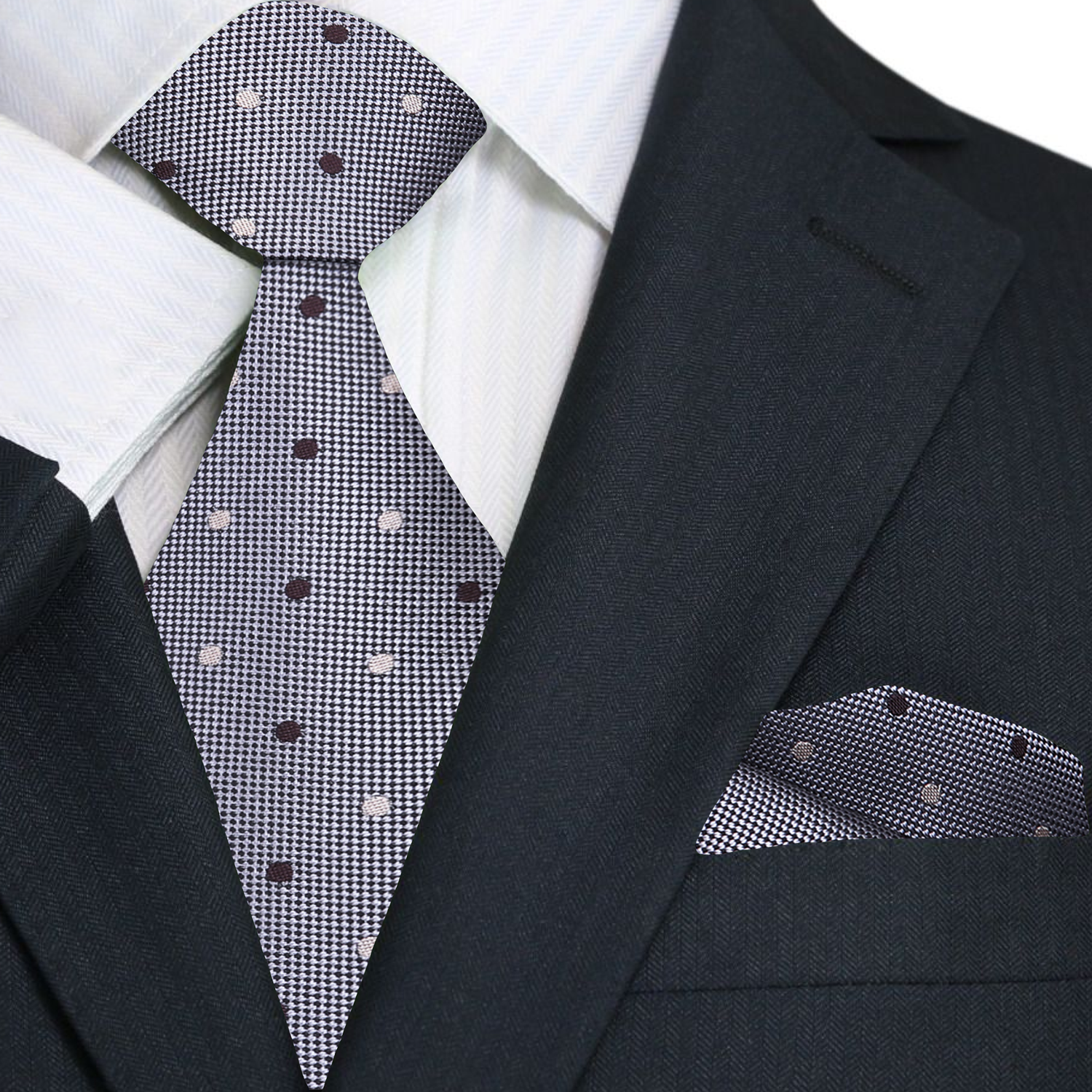 Grey with brown and cream polka tie and pocket square