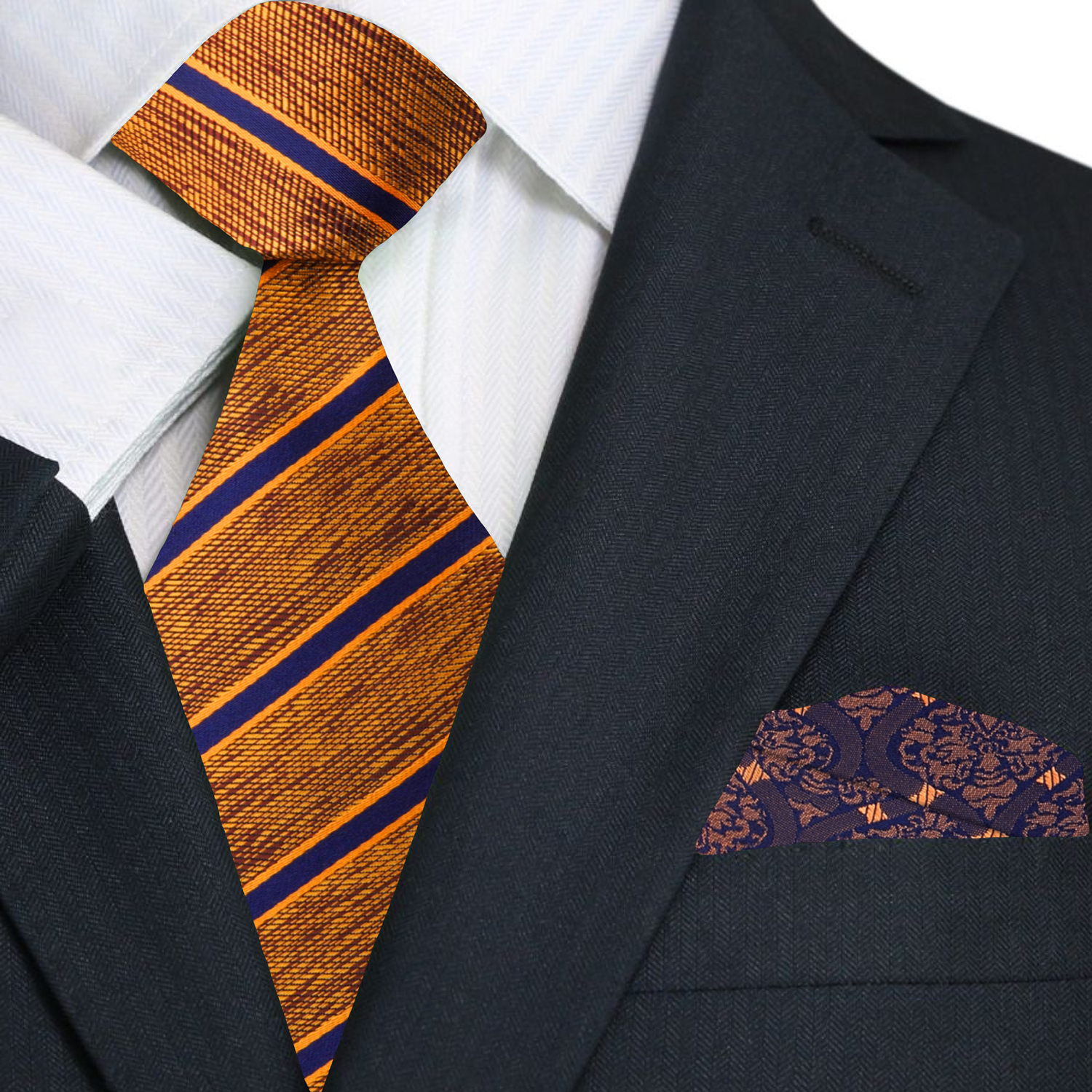 Premium Orange, Brown, Blue Stripe Necktie with Blue, Orange Abstract Square